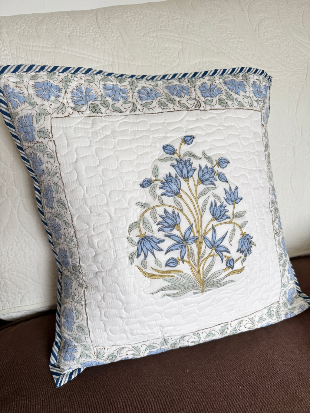 Blue Fern Block Printed Quilted Cushion Cover