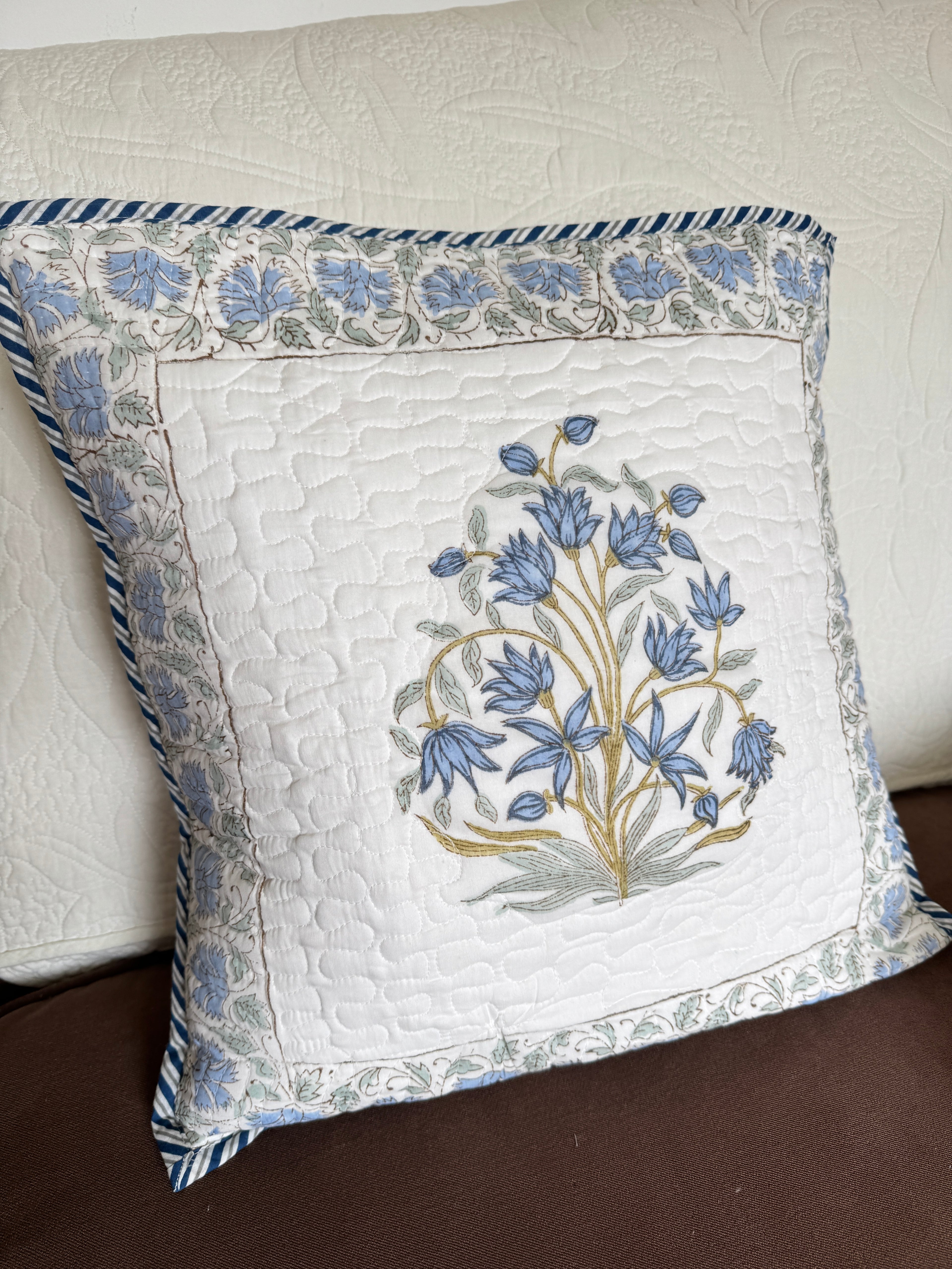 Blue Fern Block Printed Quilted Cushion Cover