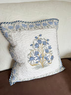 Blue Fern Block Printed Quilted Cushion Cover