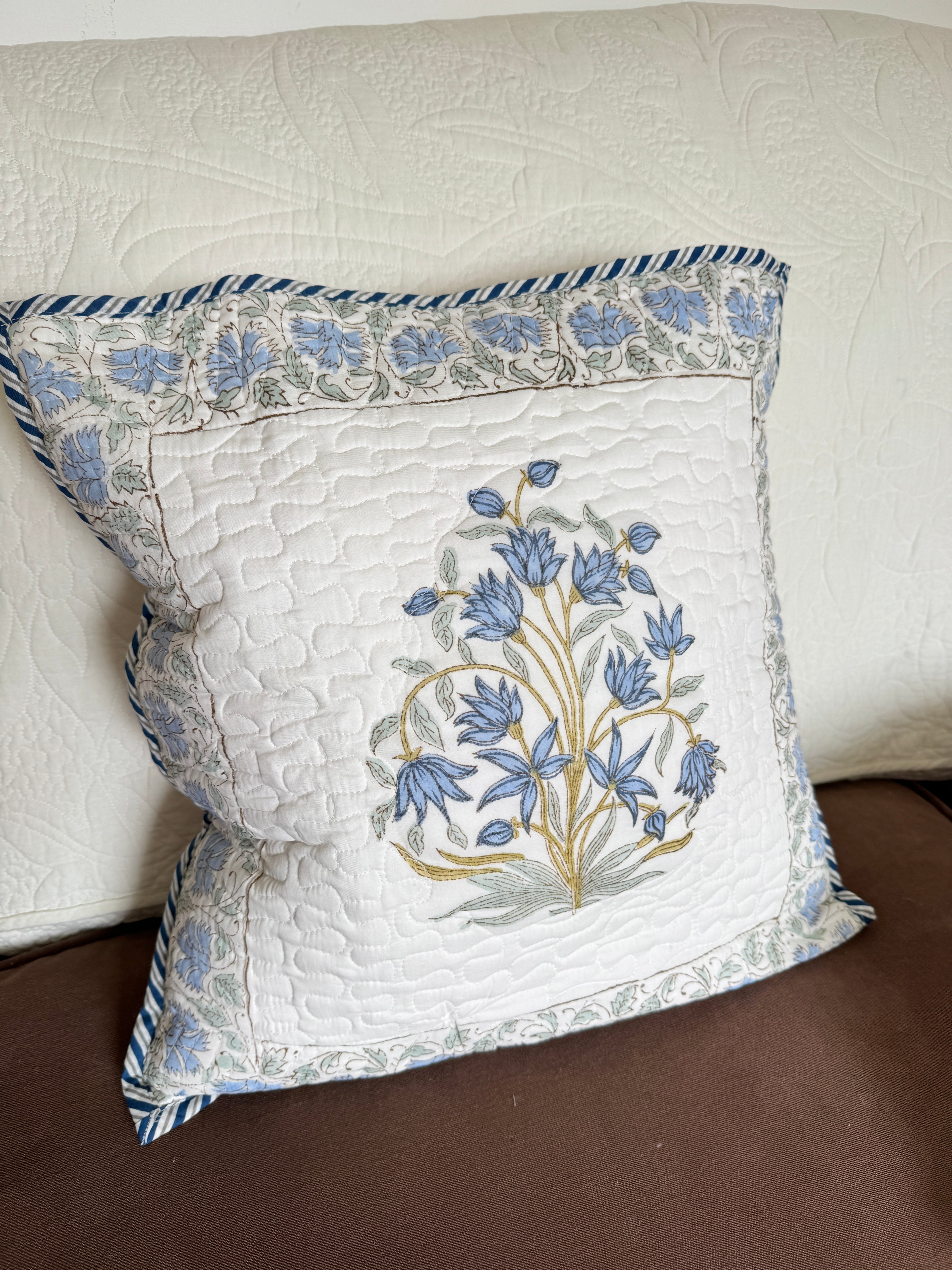 Blue Fern Block Printed Quilted Cushion Cover