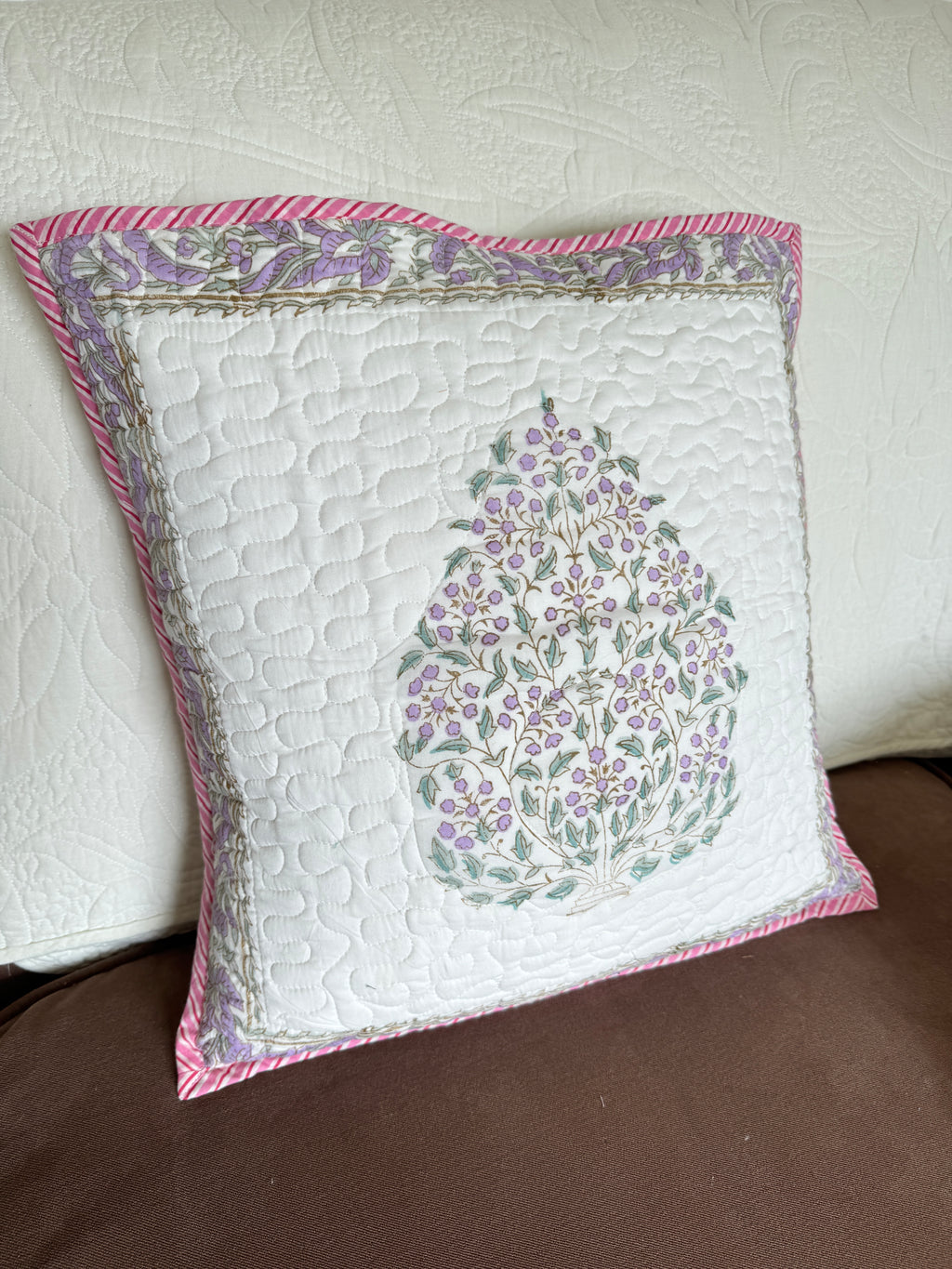 Purple Block Printed Quilted Cushion Cover