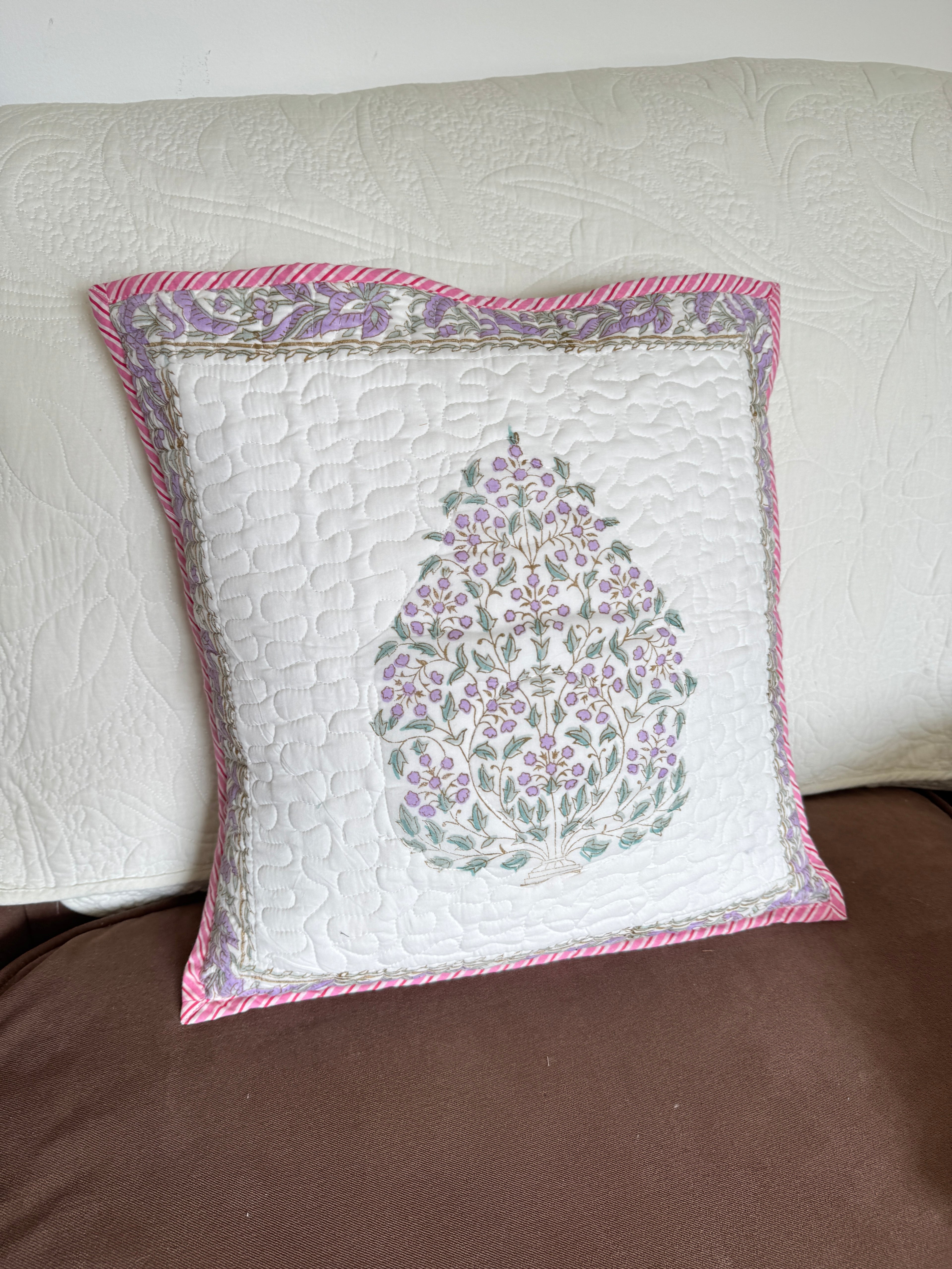 Purple Block Printed Quilted Cushion Cover
