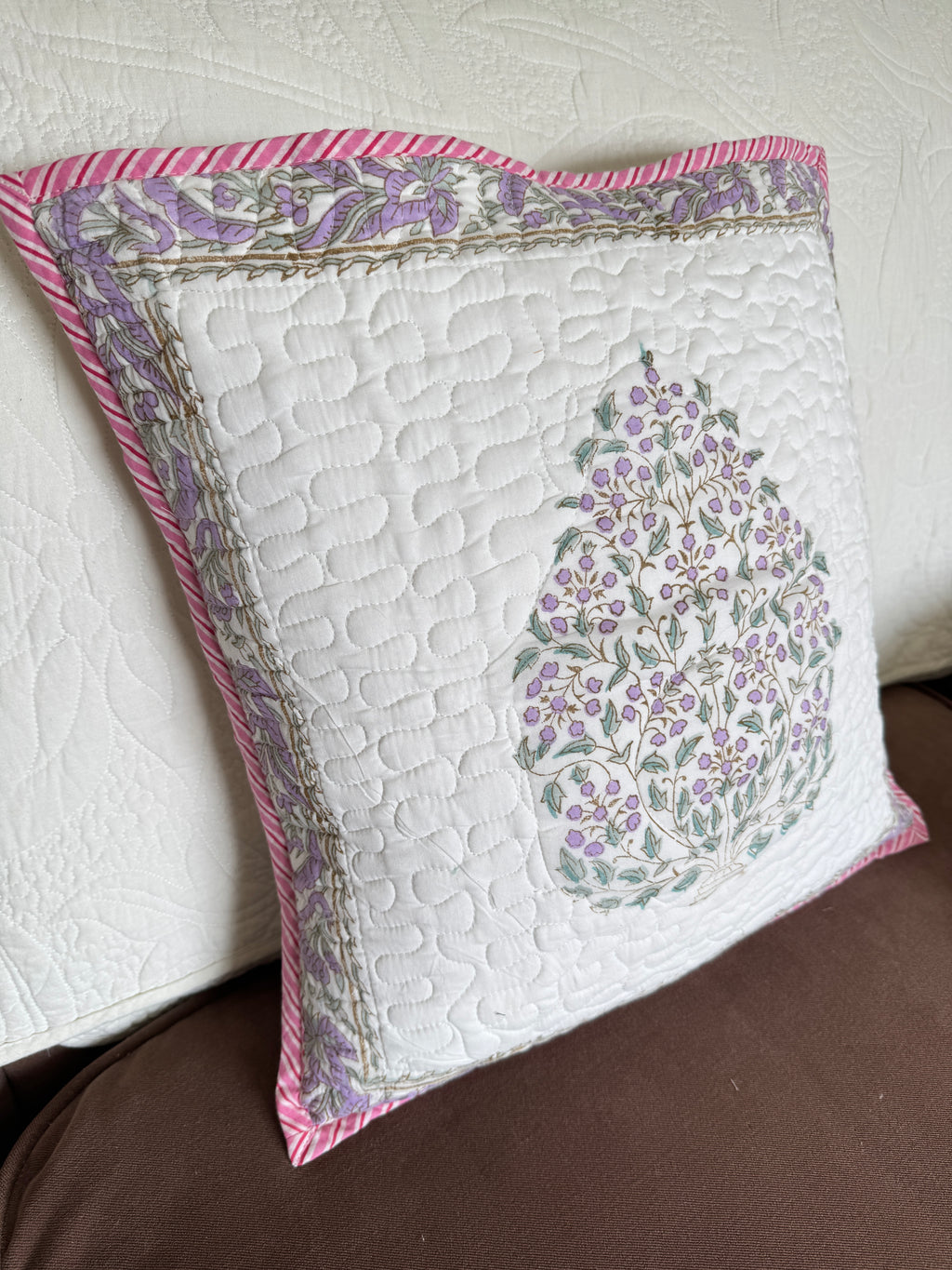 Purple Block Printed Quilted Cushion Cover