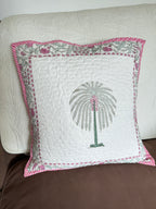 Pink Palm Block Printed Quilted Cushion Cover