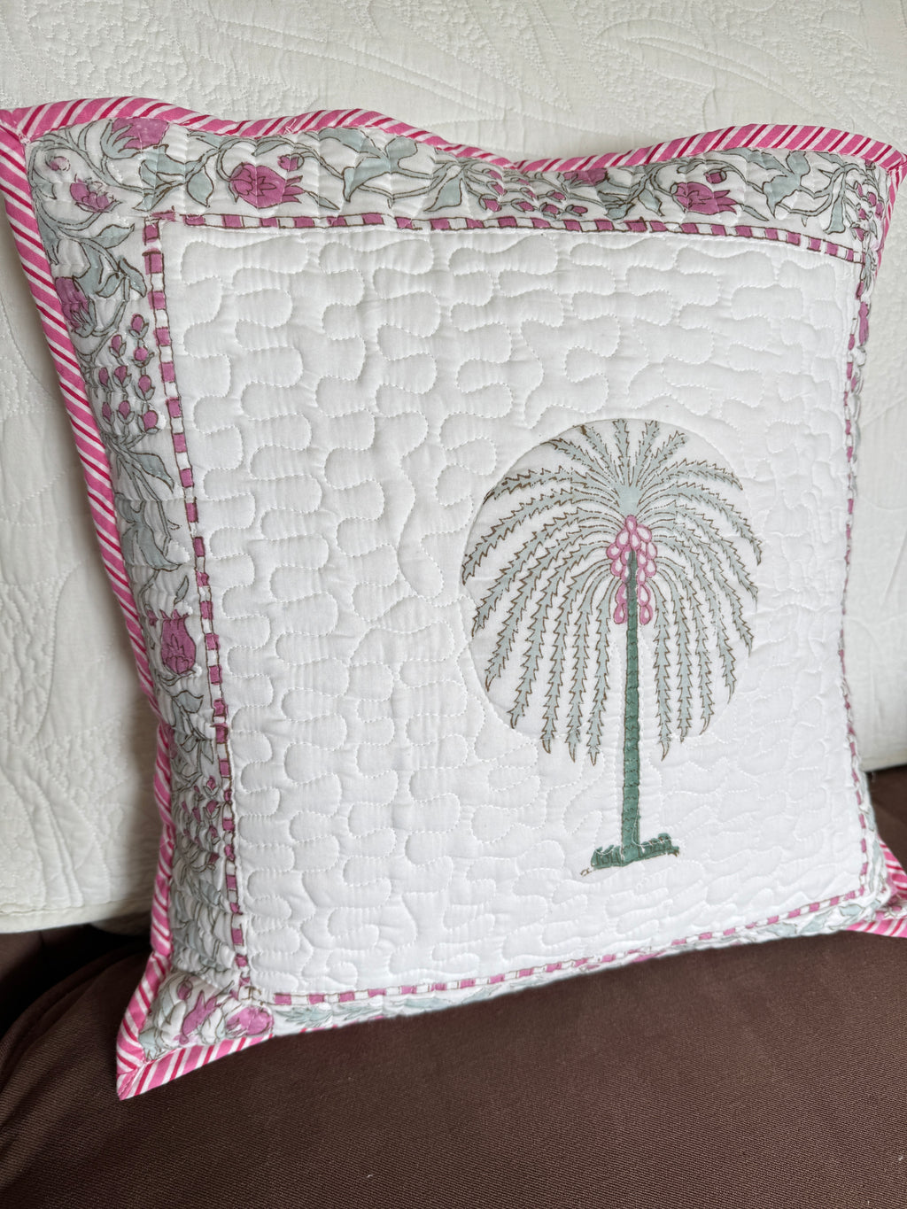 Pink Palm Block Printed Quilted Cushion Cover