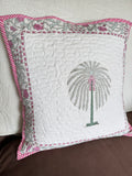 Pink Palm Block Printed Quilted Cushion Cover