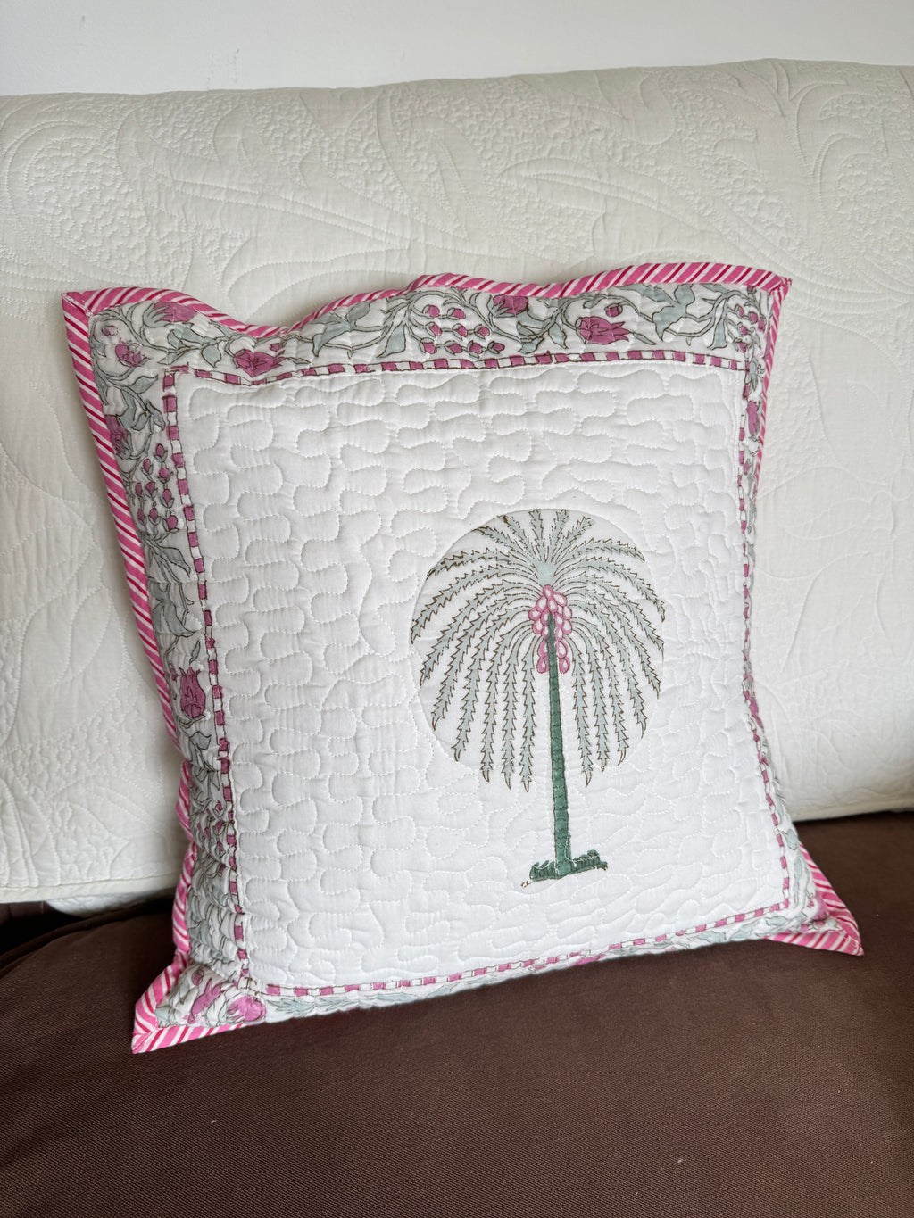 Pink Palm Block Printed Quilted Cushion Cover