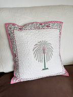 Pink Palm Block Printed Quilted Cushion Cover