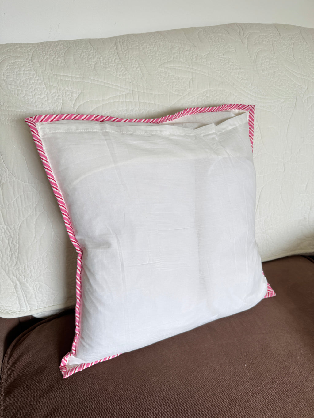 Pink Palm Block Printed Quilted Cushion Cover