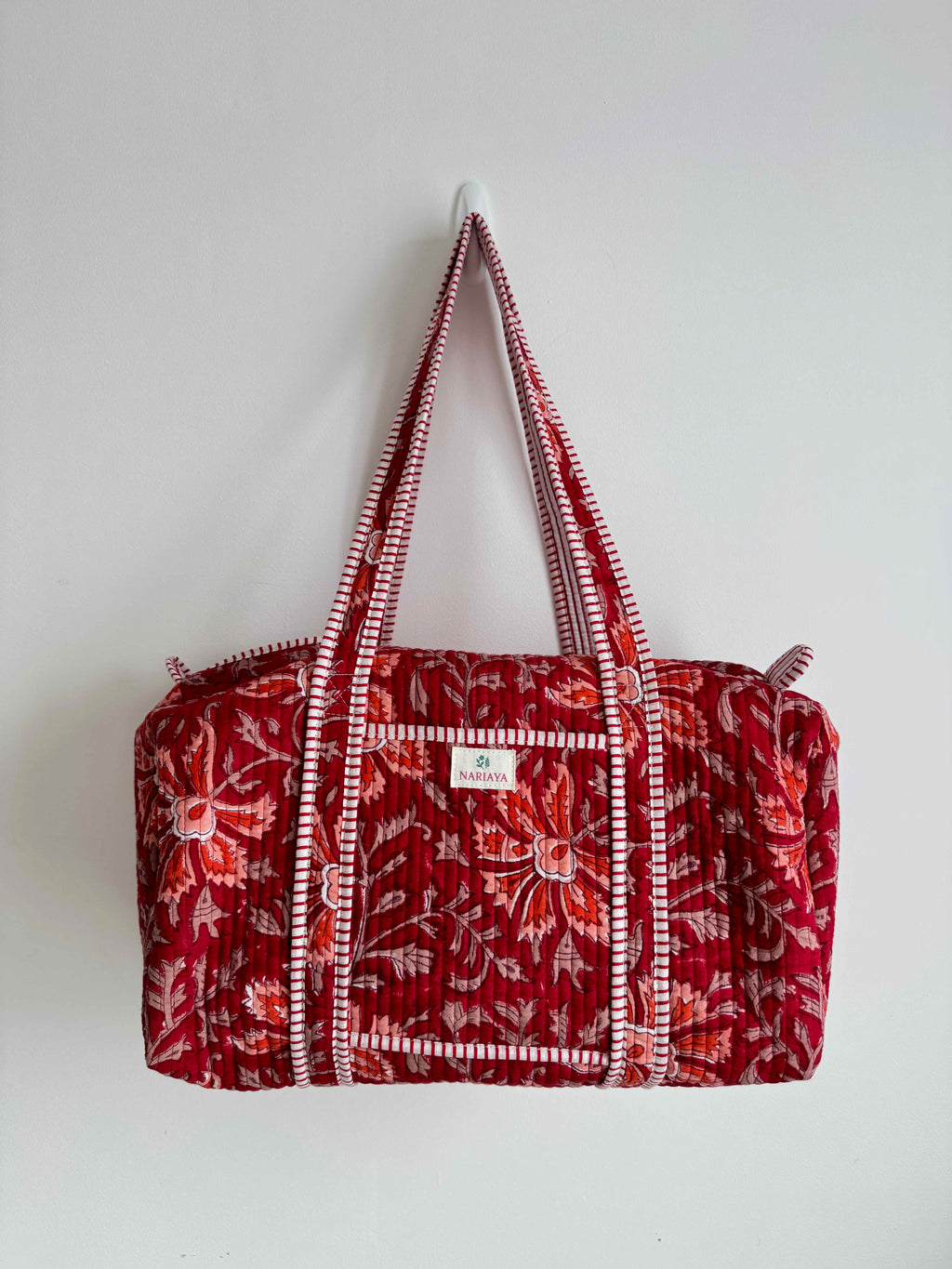 Red Floral Quilted Duffle Bag