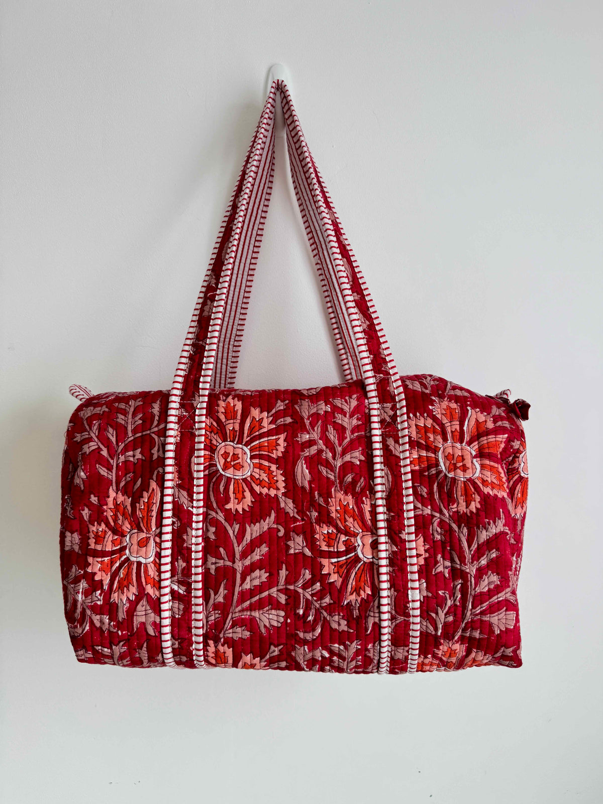 Red Floral Quilted Duffle Bag