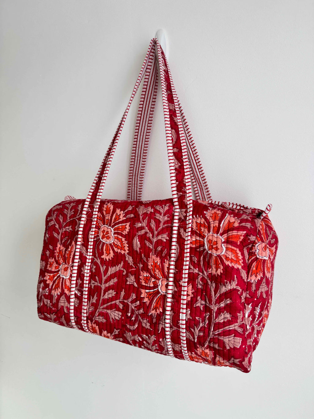 Red Floral Quilted Duffle Bag