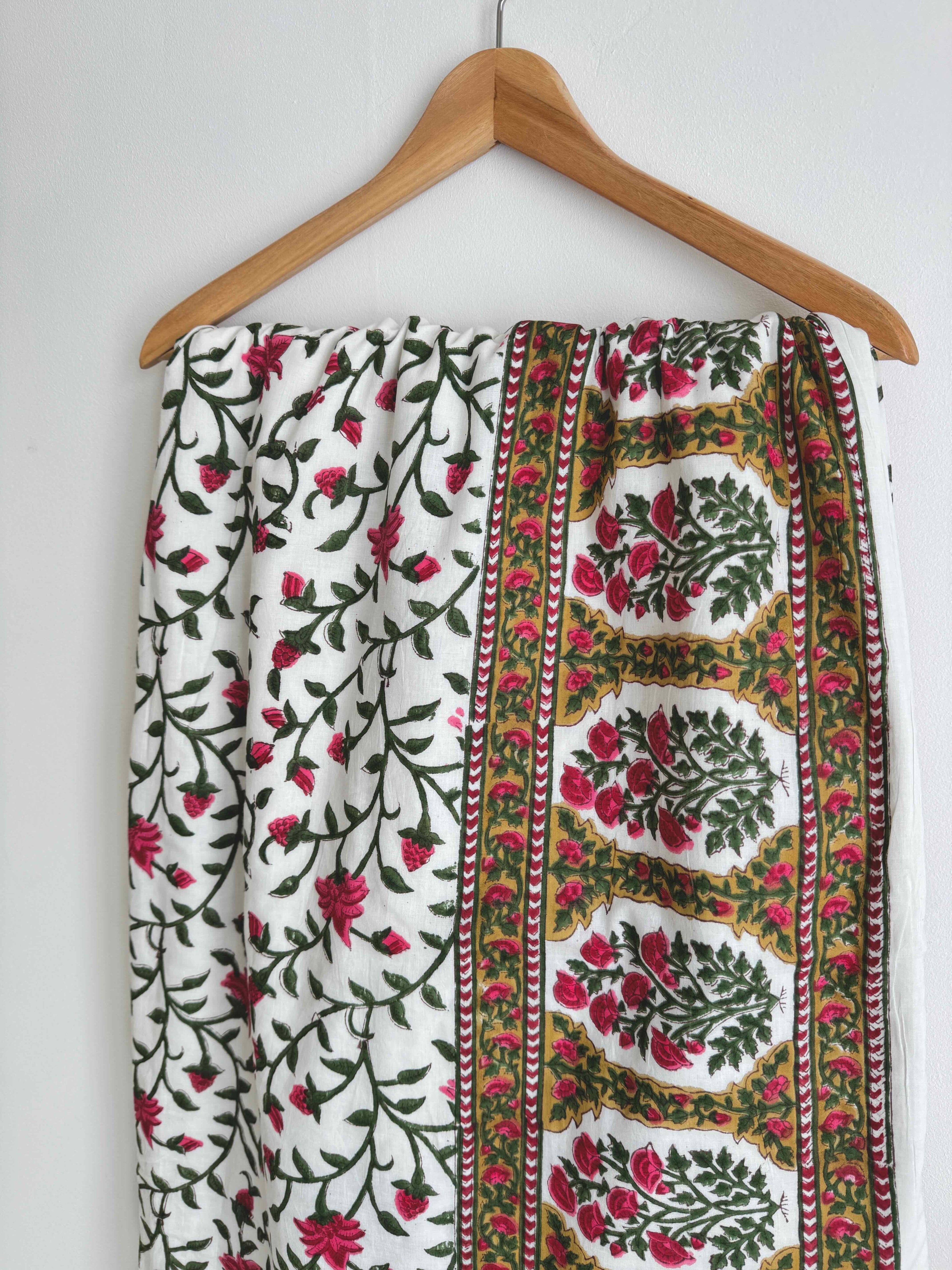 Rose Pink & Green Floral Lightweight Cotton Quilt - King Bed Size