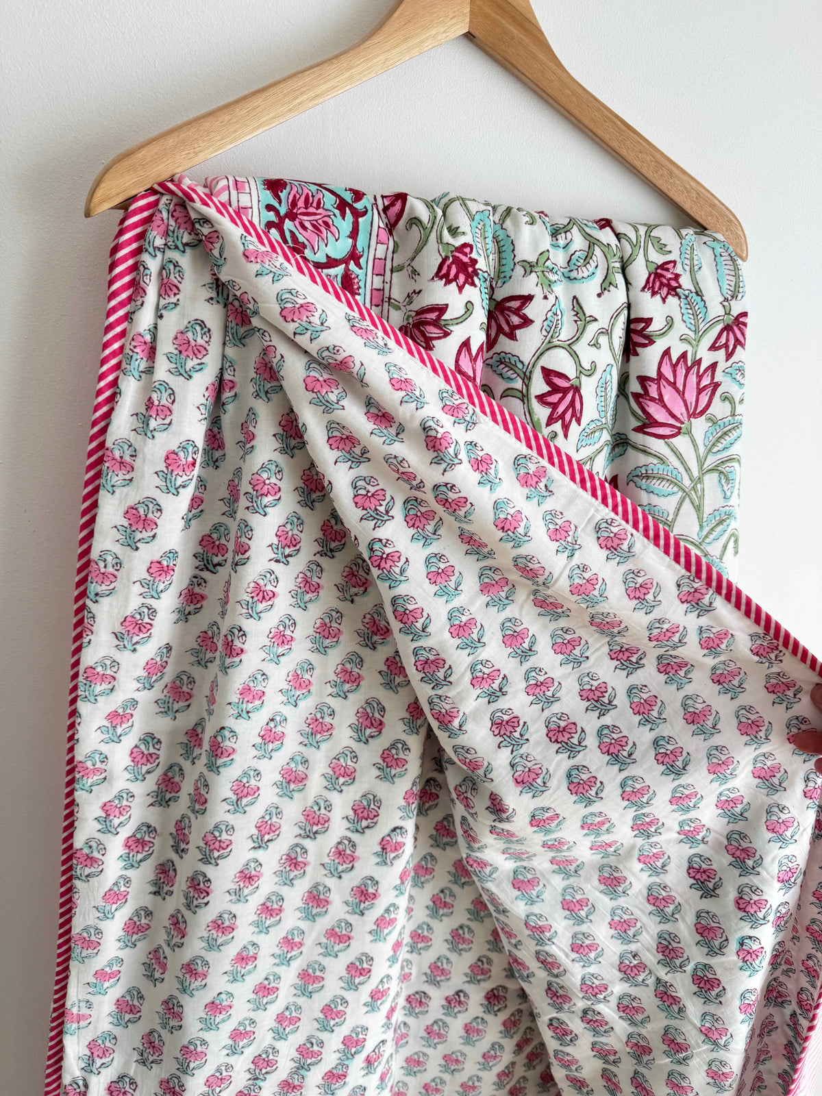 Floral Green Indian Block Printed Quilt - King Bed Size