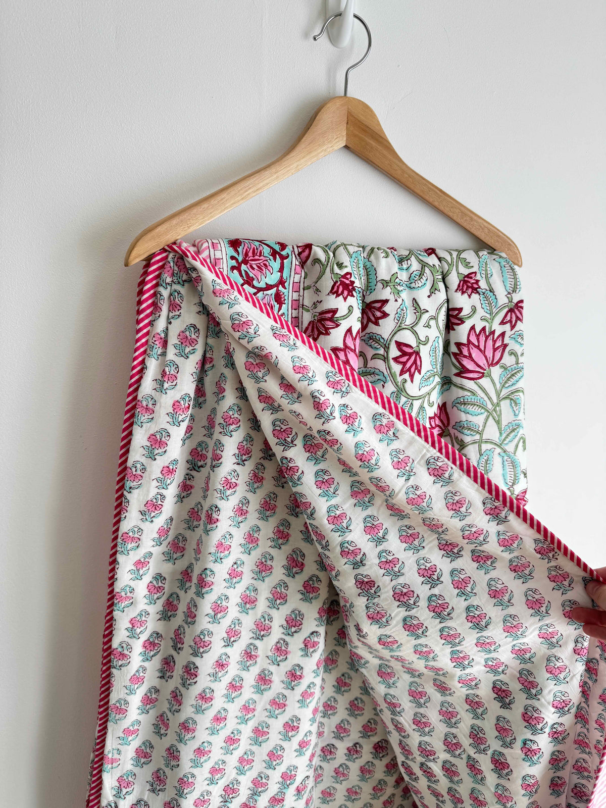 Floral Green Indian Block Printed Quilt - King Bed Size