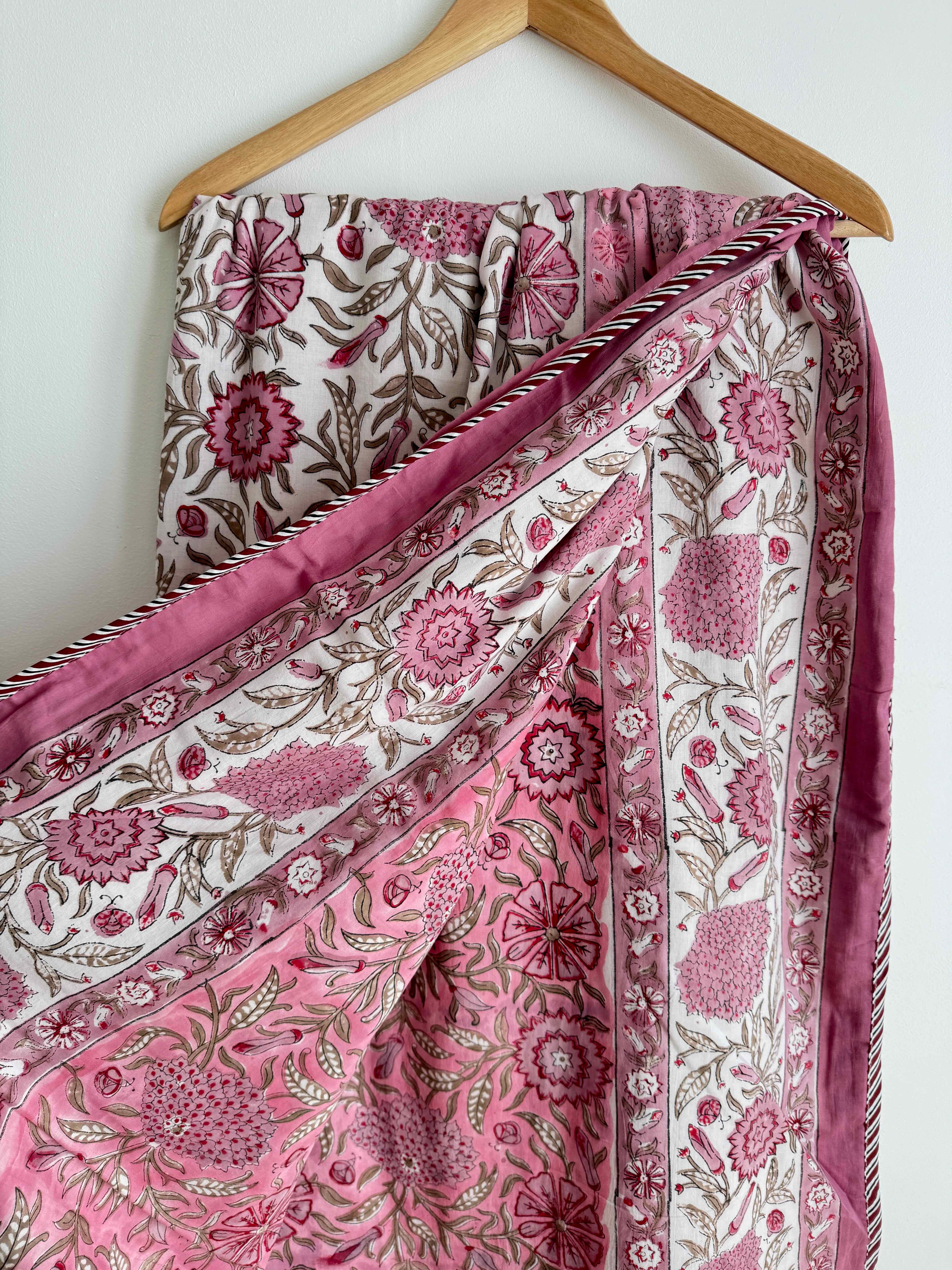 White & Pink Floral Lightweight Cotton Quilt - King Bed Size