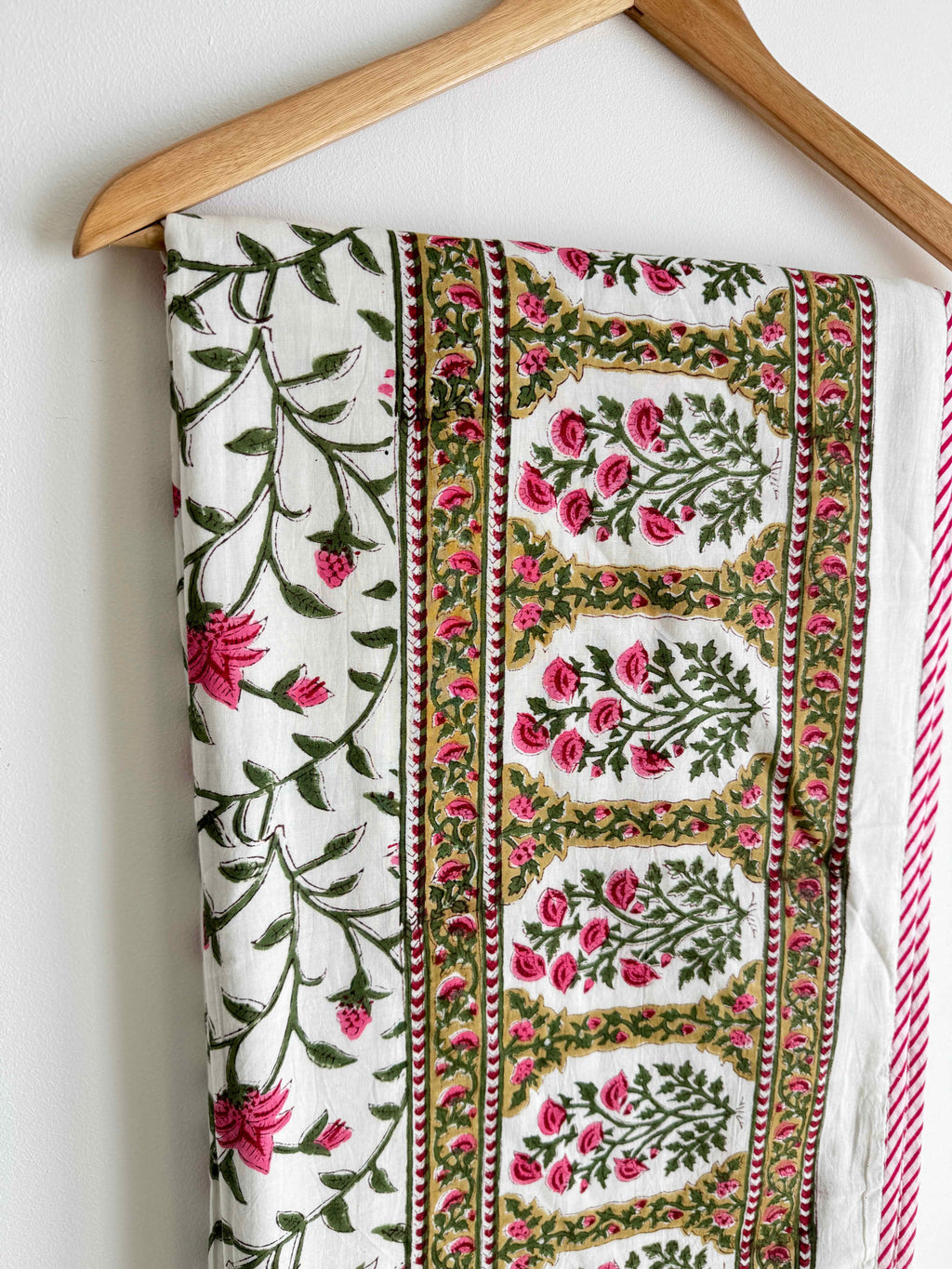 Rose Pink & Green Floral Lightweight Cotton Quilt - Double Bed Size