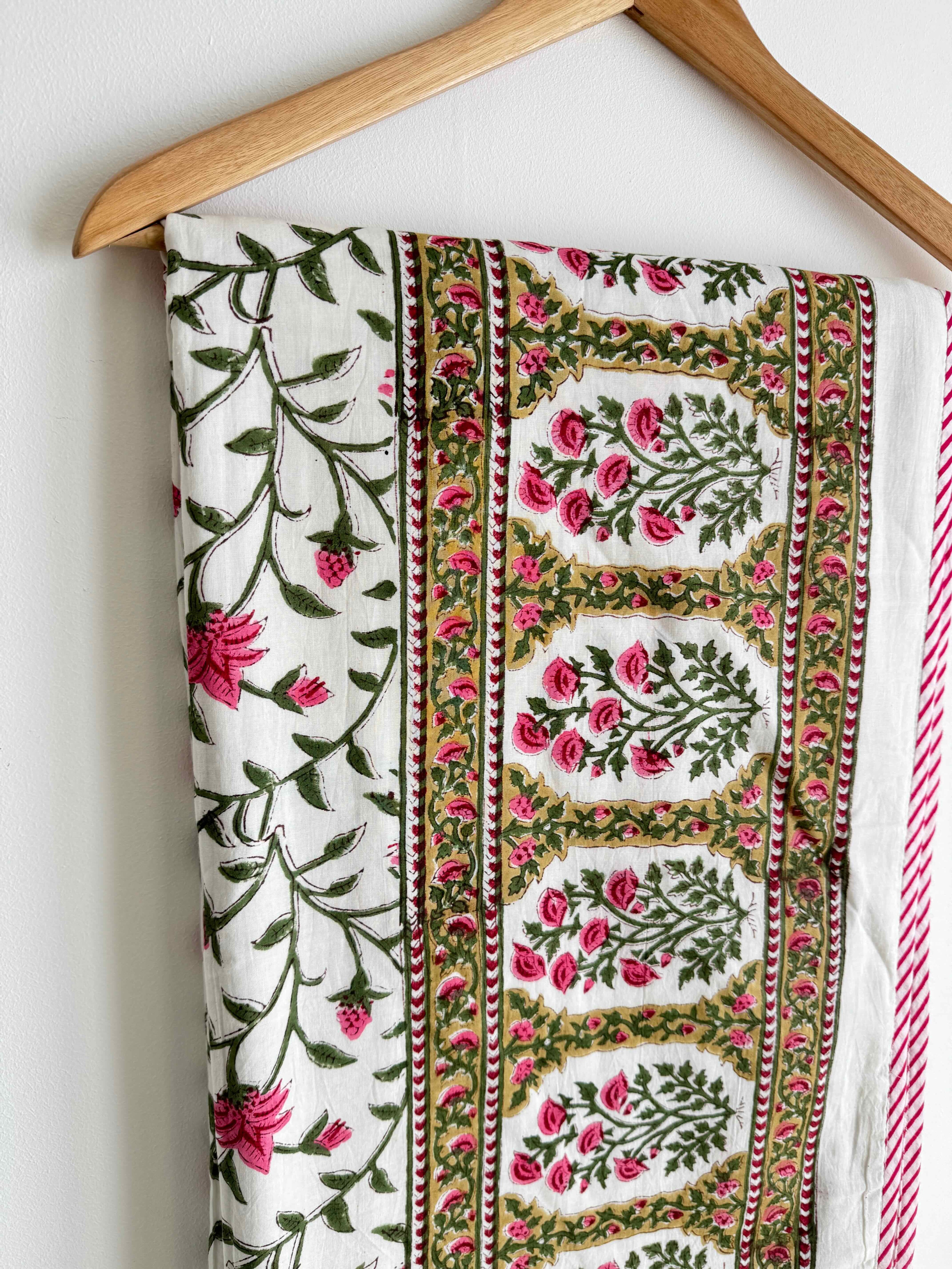 Rose Pink & Green Floral Lightweight Cotton Quilt - Double Bed Size