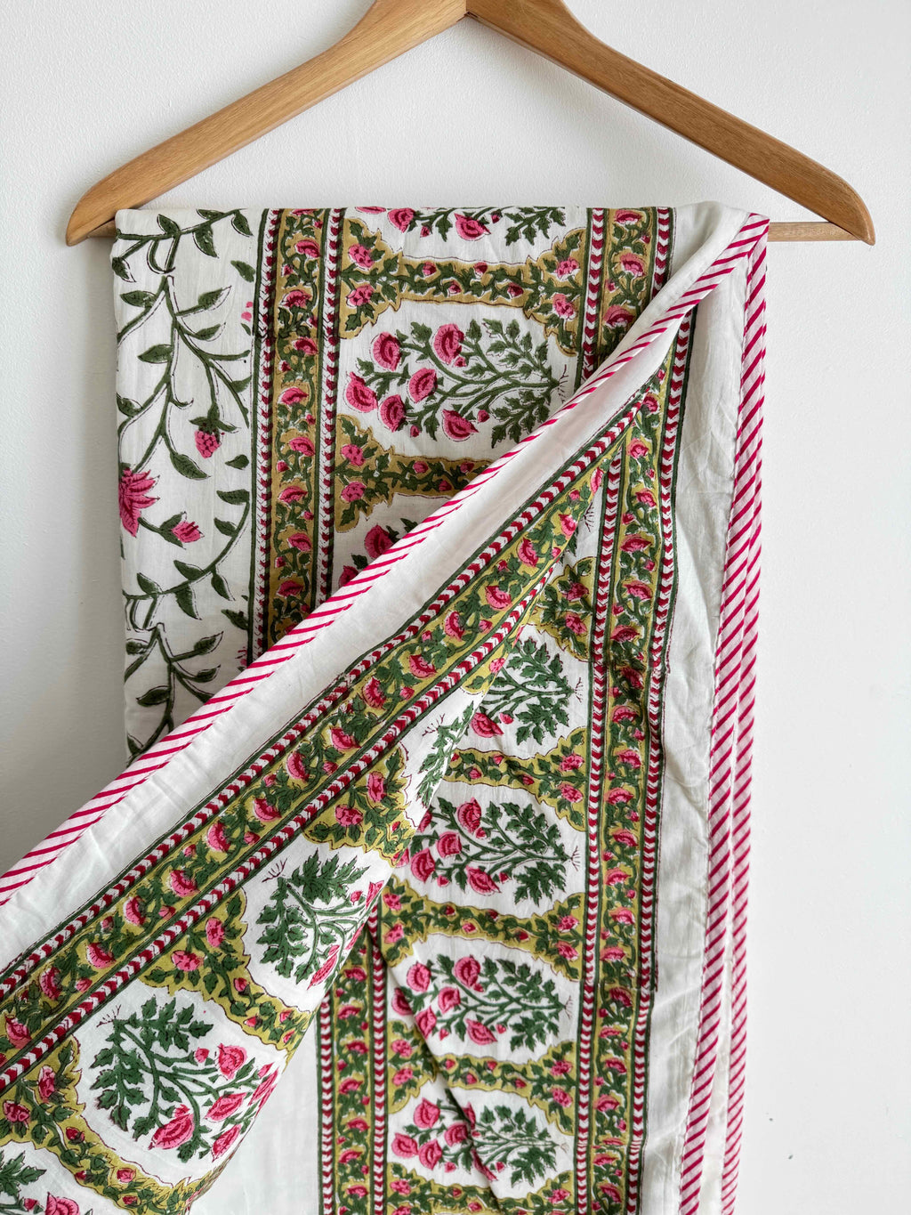 Rose Pink & Green Floral Lightweight Cotton Quilt - Double Bed Size