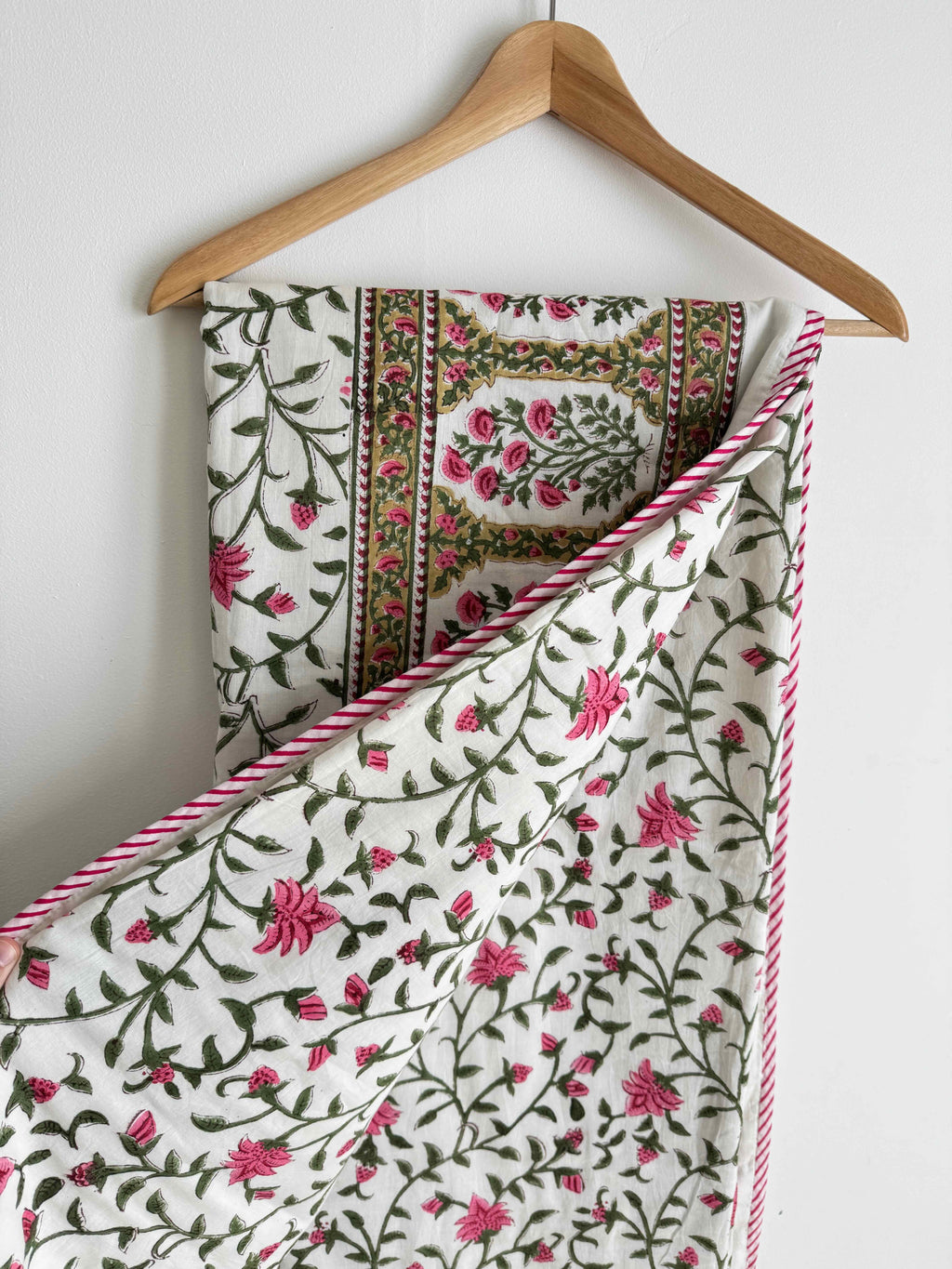 Rose Pink & Green Floral Lightweight Cotton Quilt - Double Bed Size