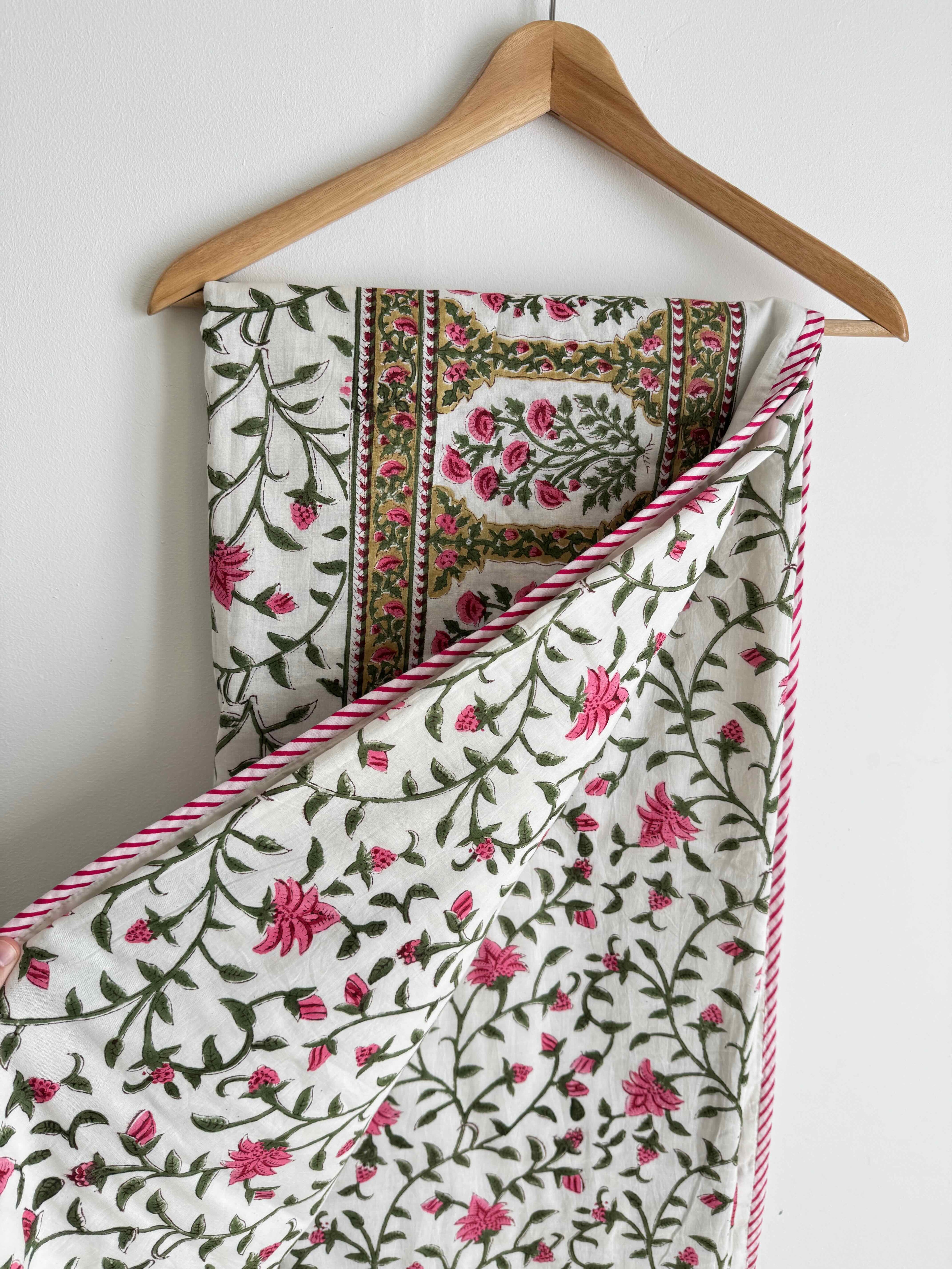 Rose Pink & Green Floral Lightweight Cotton Quilt - Double Bed Size