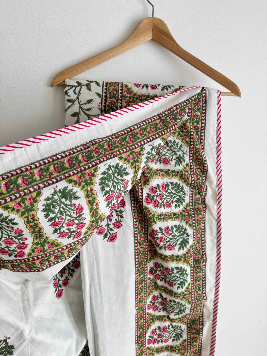 Rose Pink & Green Floral Lightweight Cotton Quilt - Double Bed Size