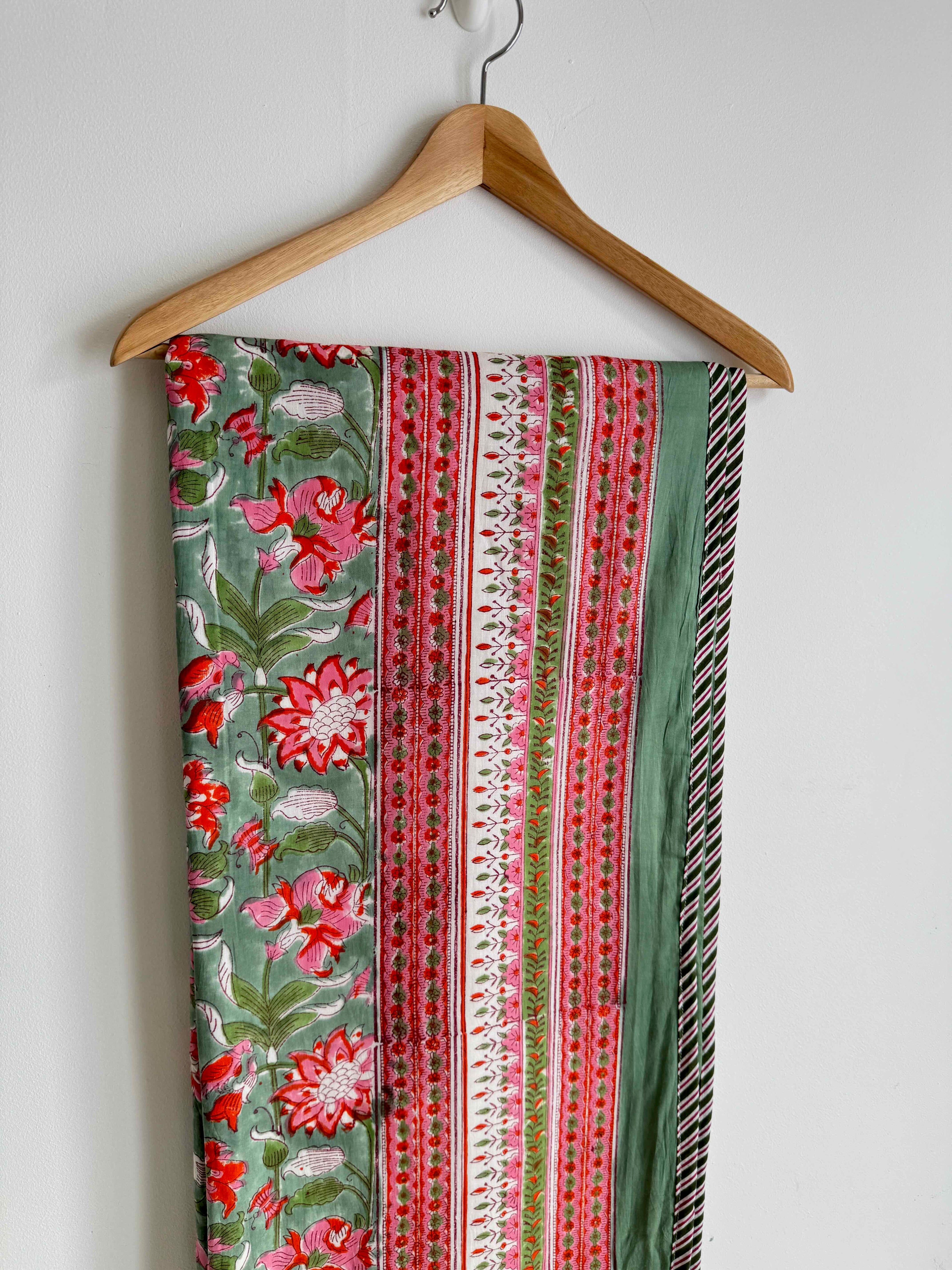 Pink & Green Floral Lightweight Cotton Quilt - Double Bed Size