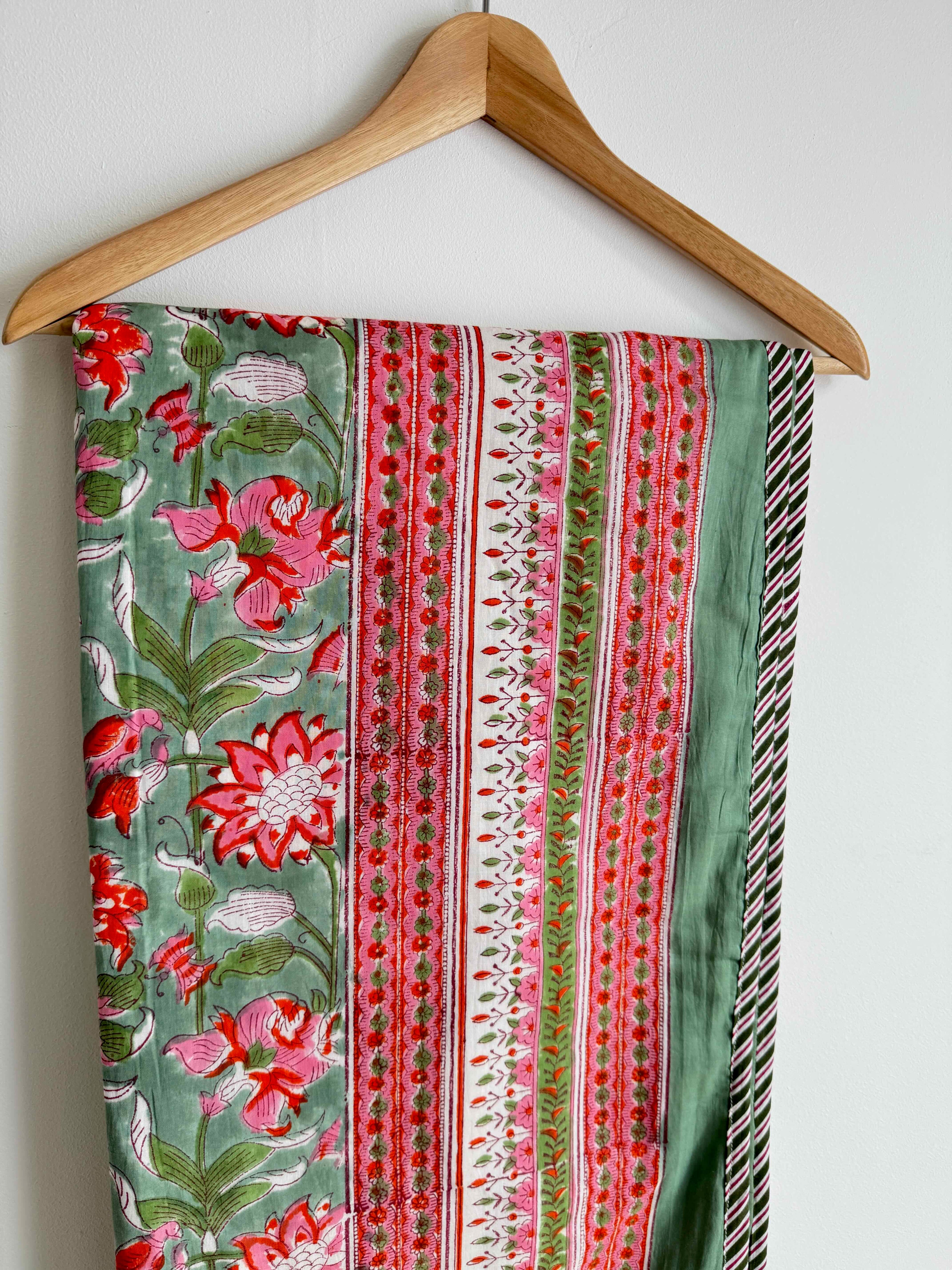 Pink & Green Floral Lightweight Cotton Quilt - Double Bed Size