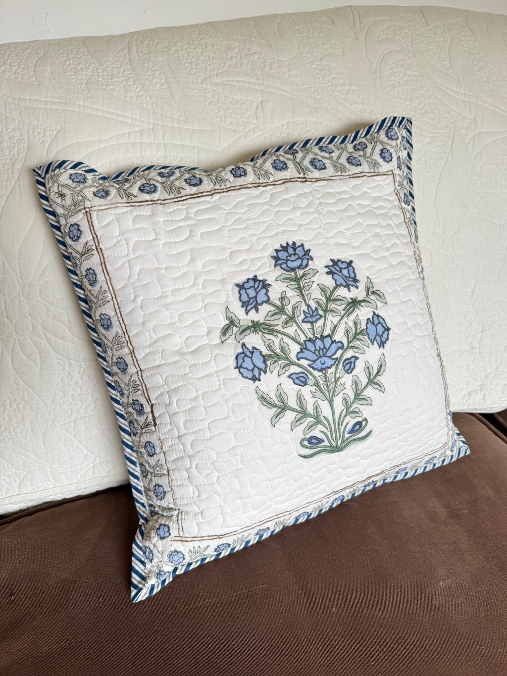 Blue Block Printed Quilted Cushion Cover