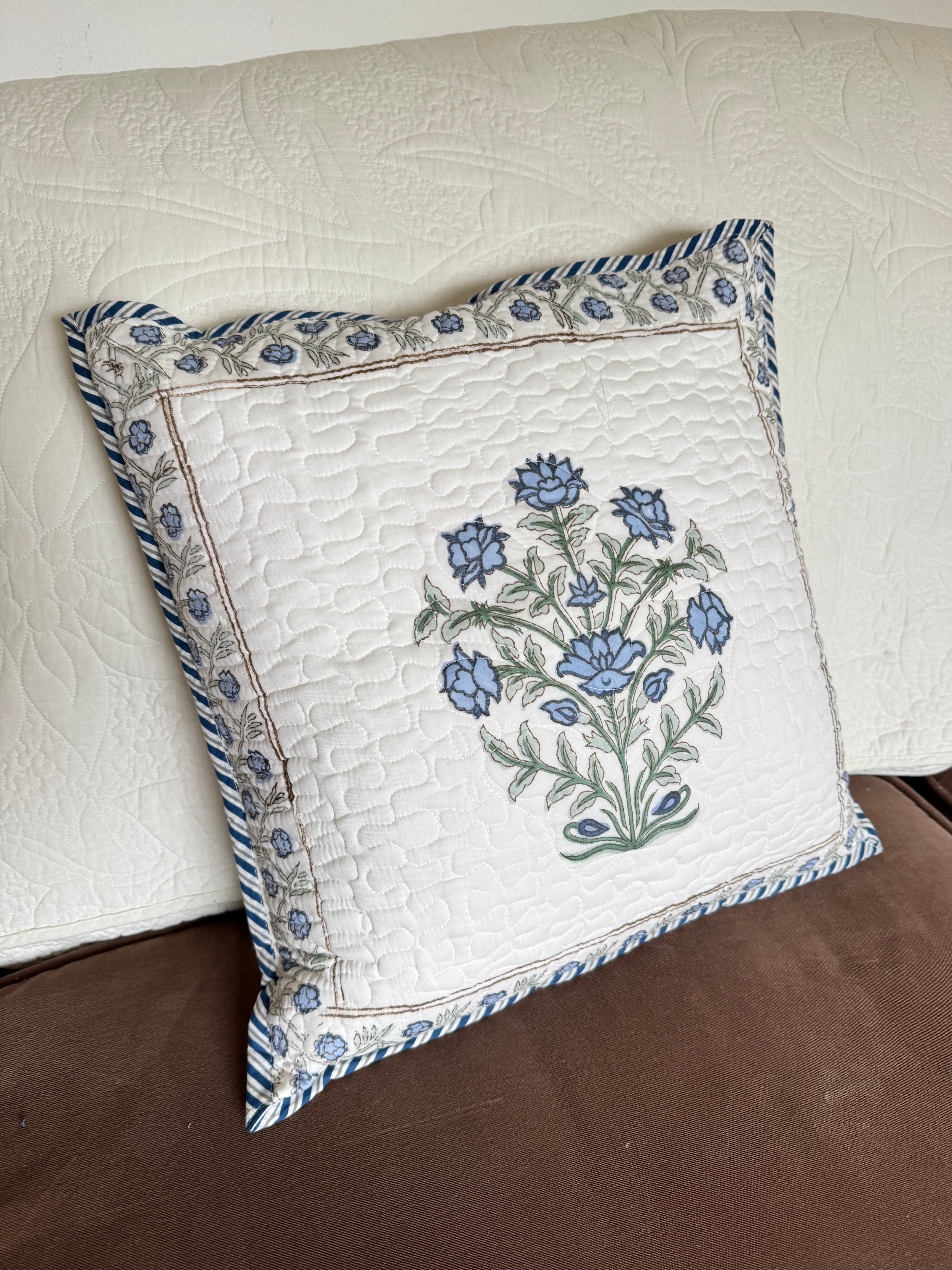 Blue Block Printed Quilted Cushion Cover