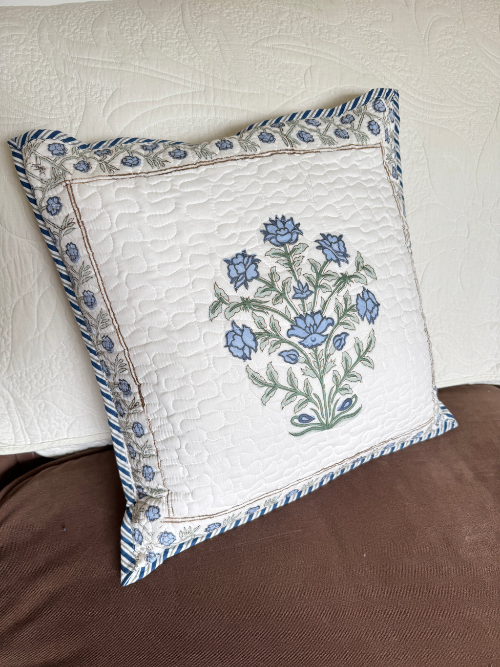 Blue Block Printed Quilted Cushion Cover