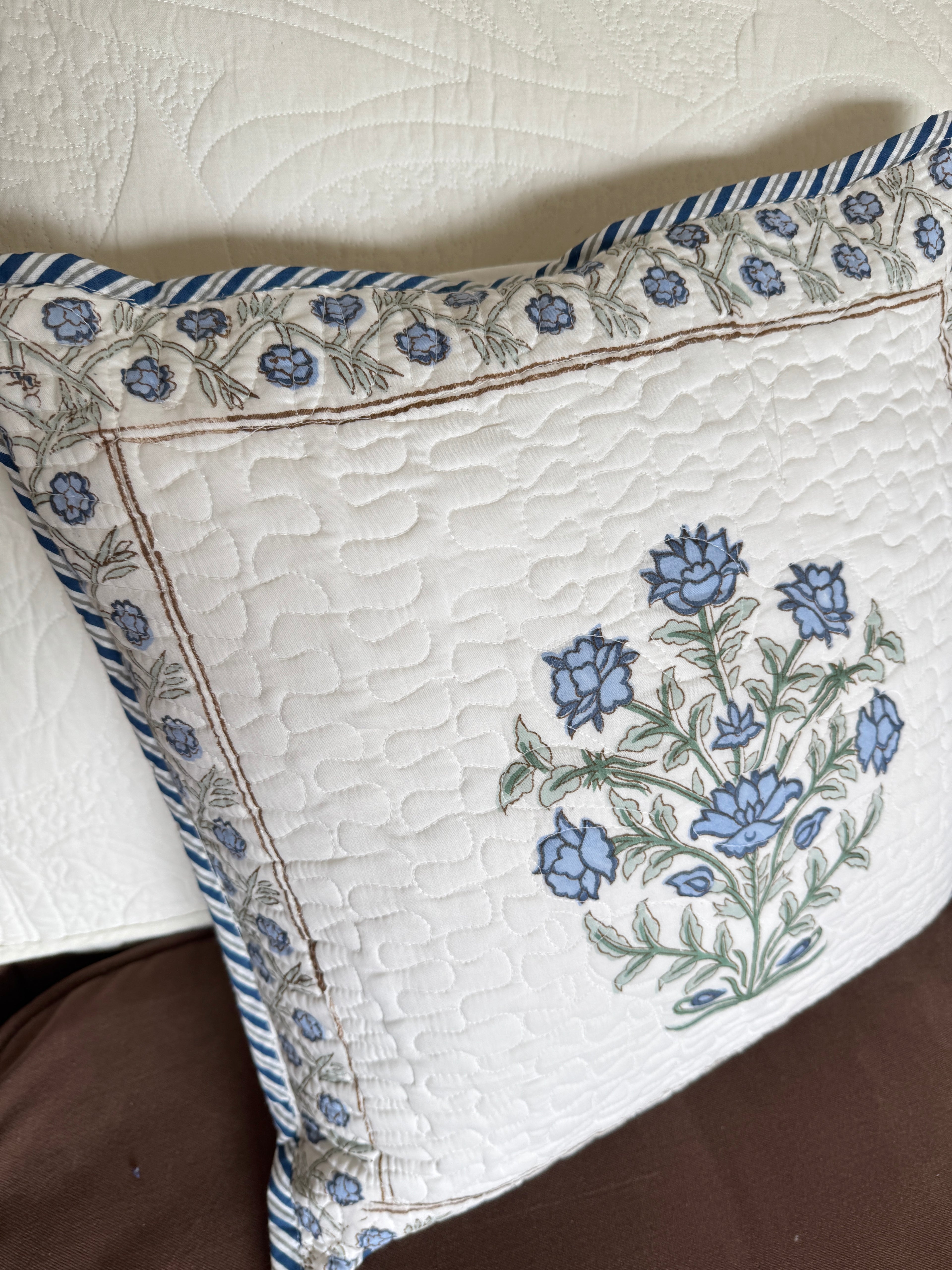 Blue Block Printed Quilted Cushion Cover
