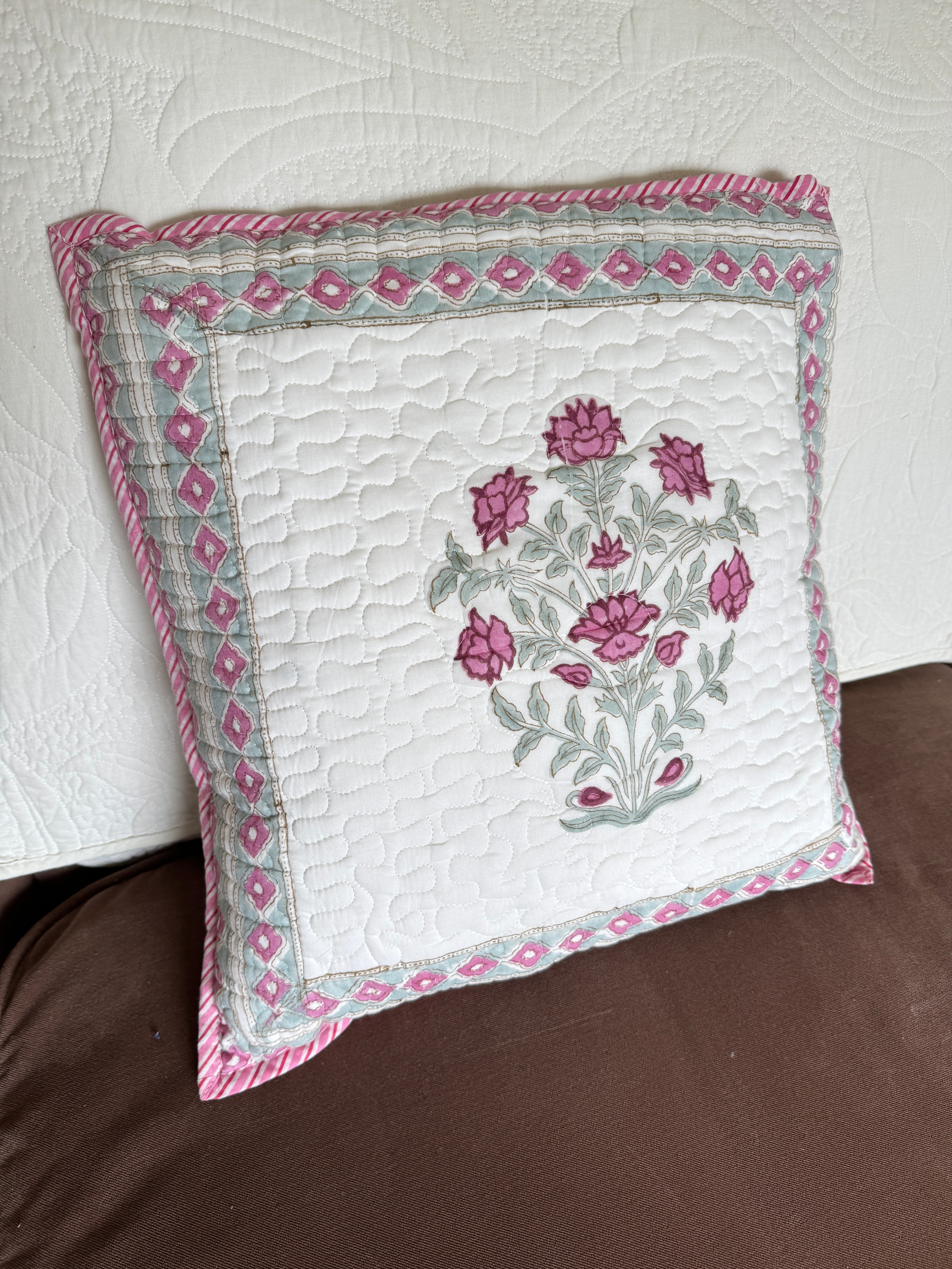 Pink Block Printed Quilted Cushion Cover
