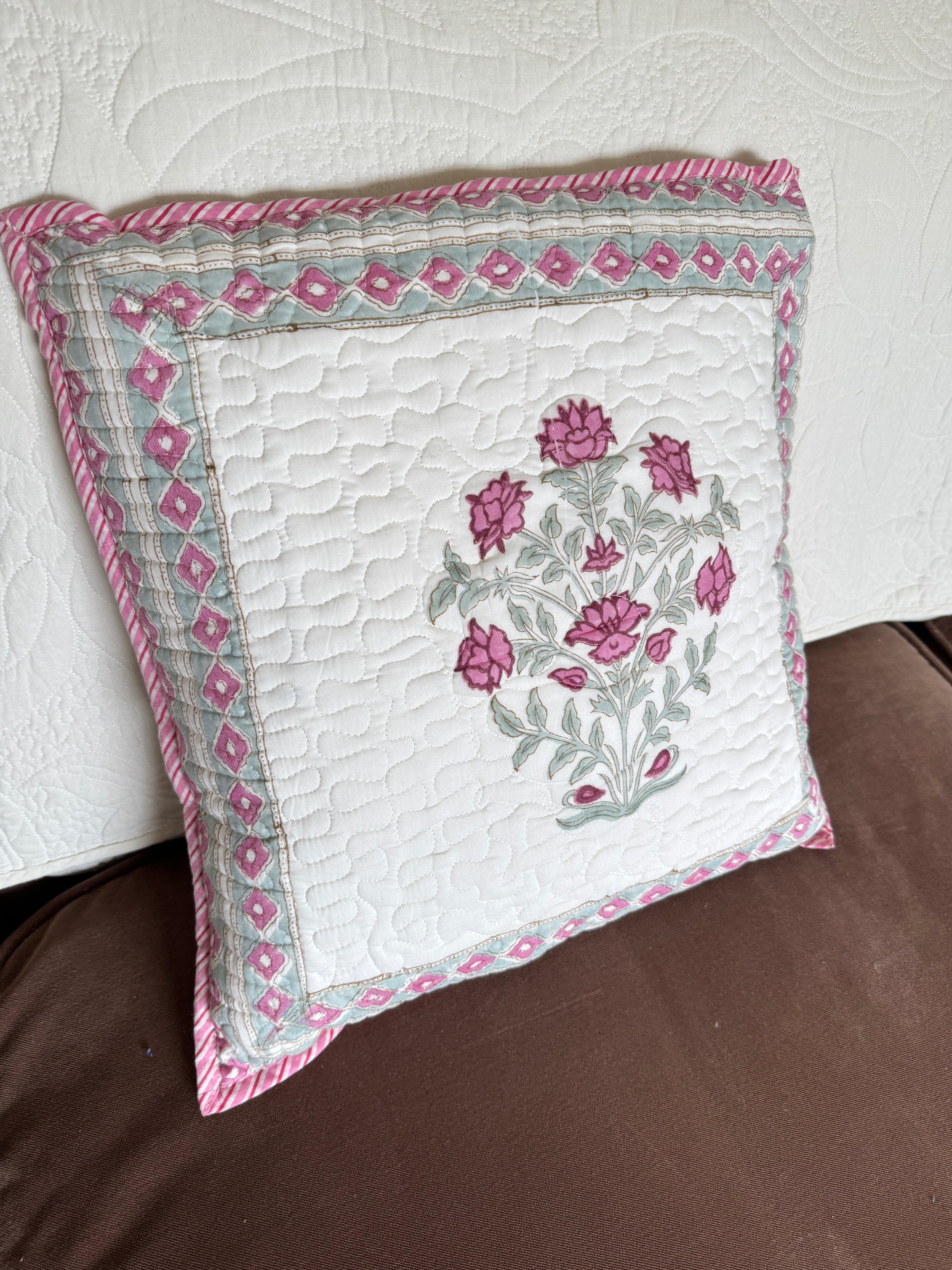 Pink Block Printed Quilted Cushion Cover