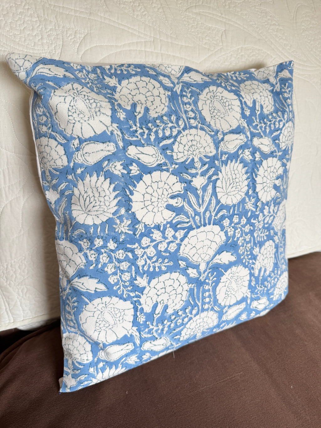 Blue Floral Block Printed Cushion Cover
