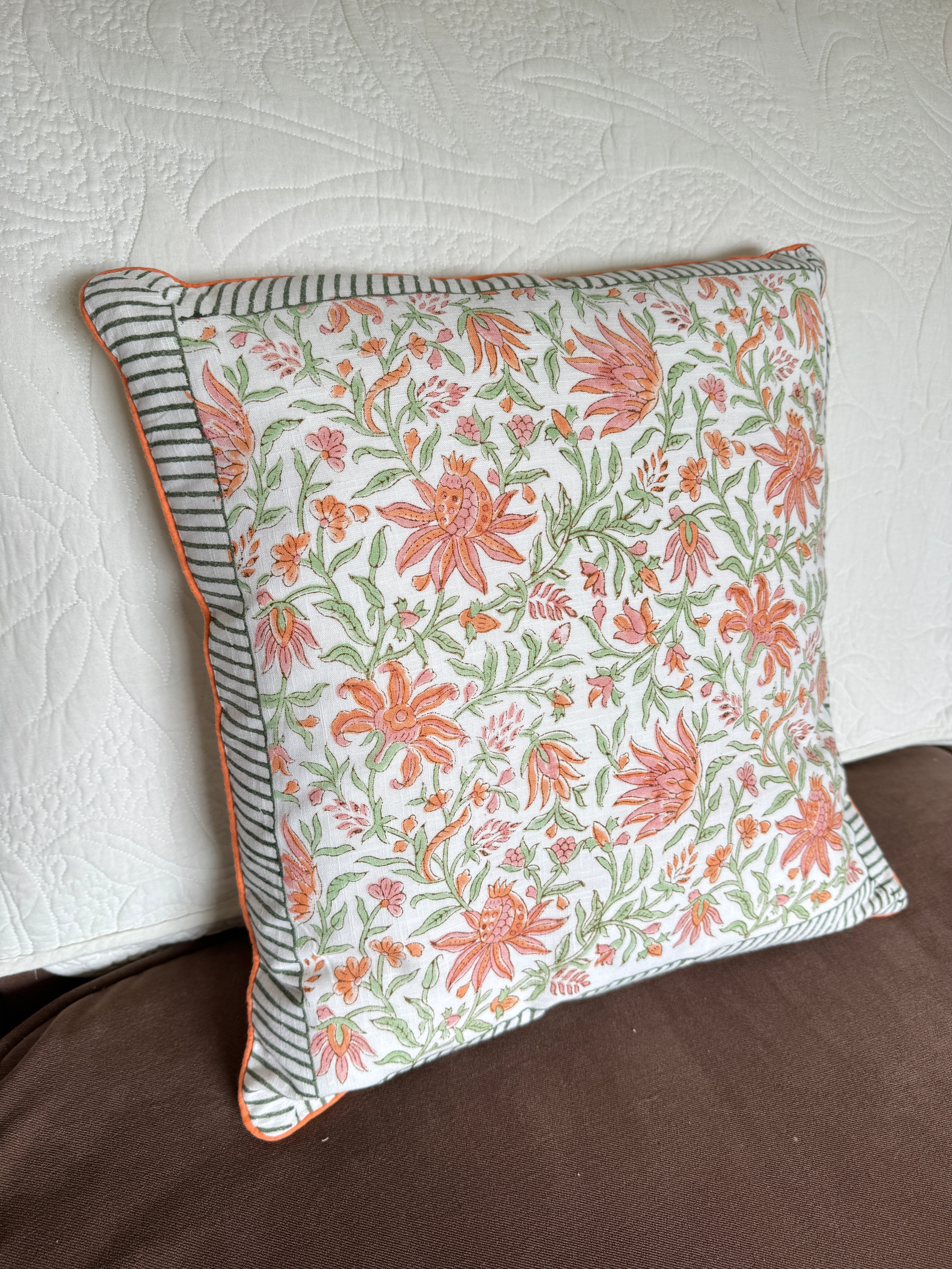 Orange Floral Block Printed Cushion Cover