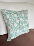 Aqua Floral Block Printed Cushion Cover