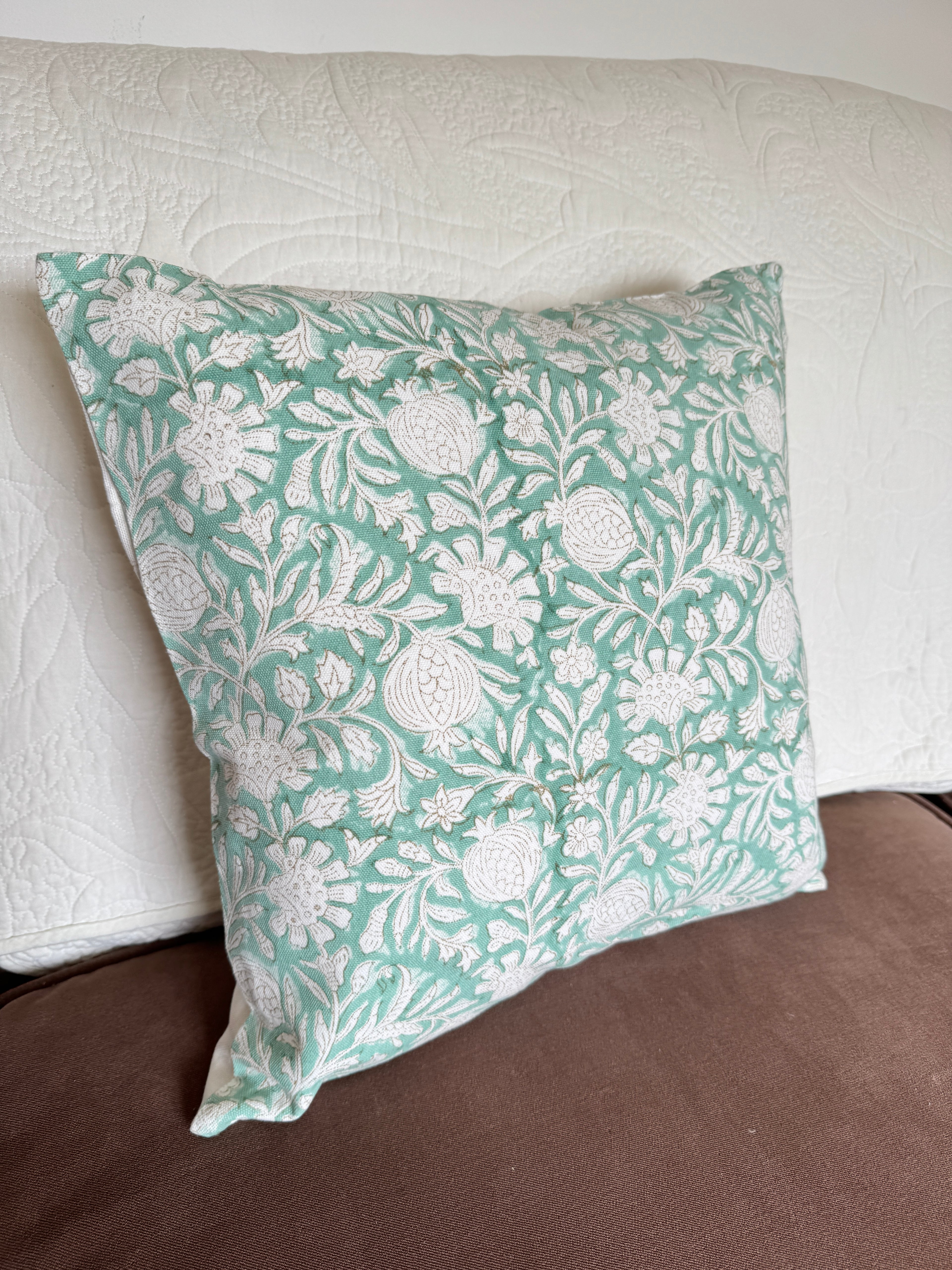 Aqua Floral Block Printed Cushion Cover