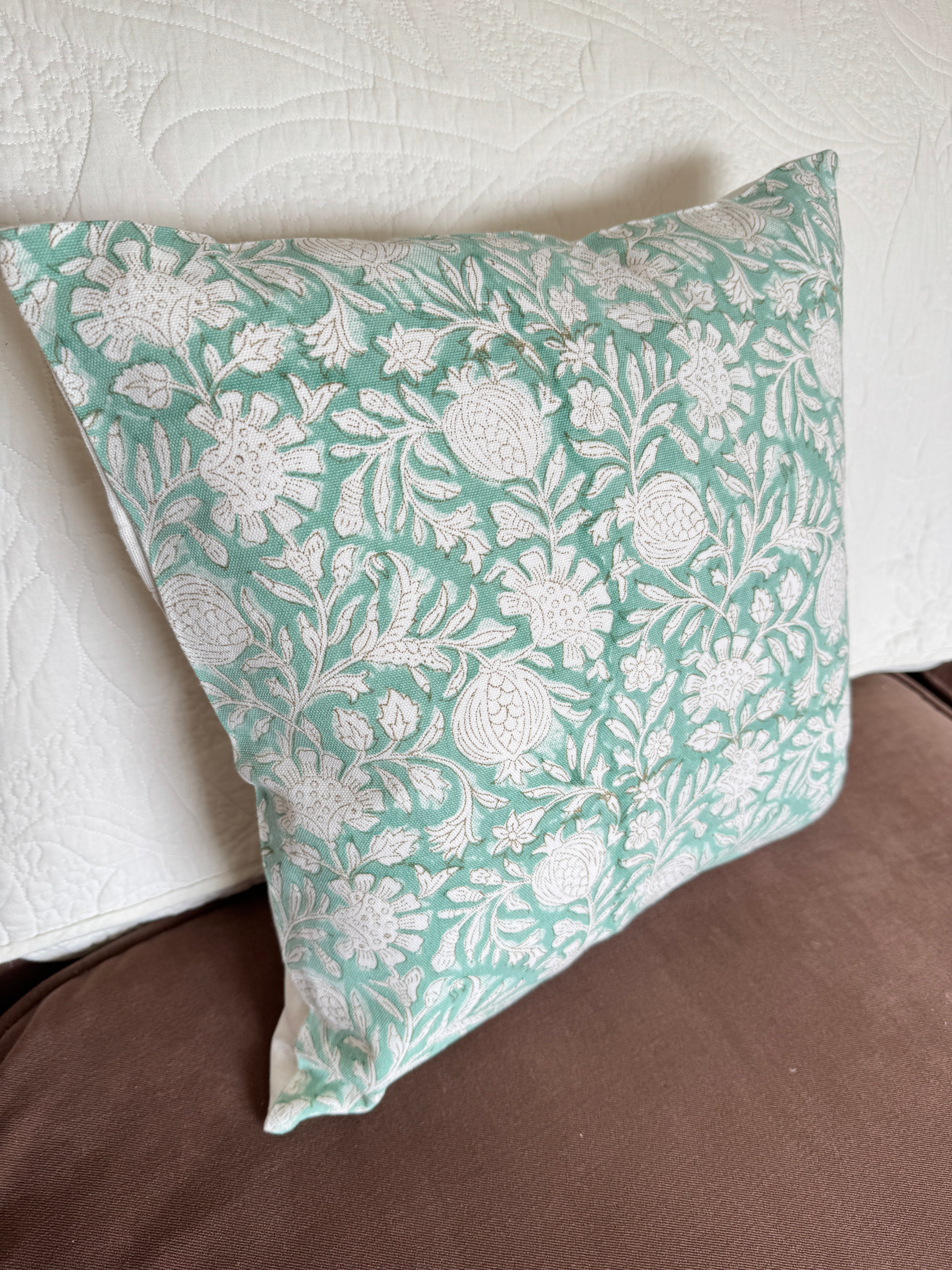 Aqua Floral Block Printed Cushion Cover