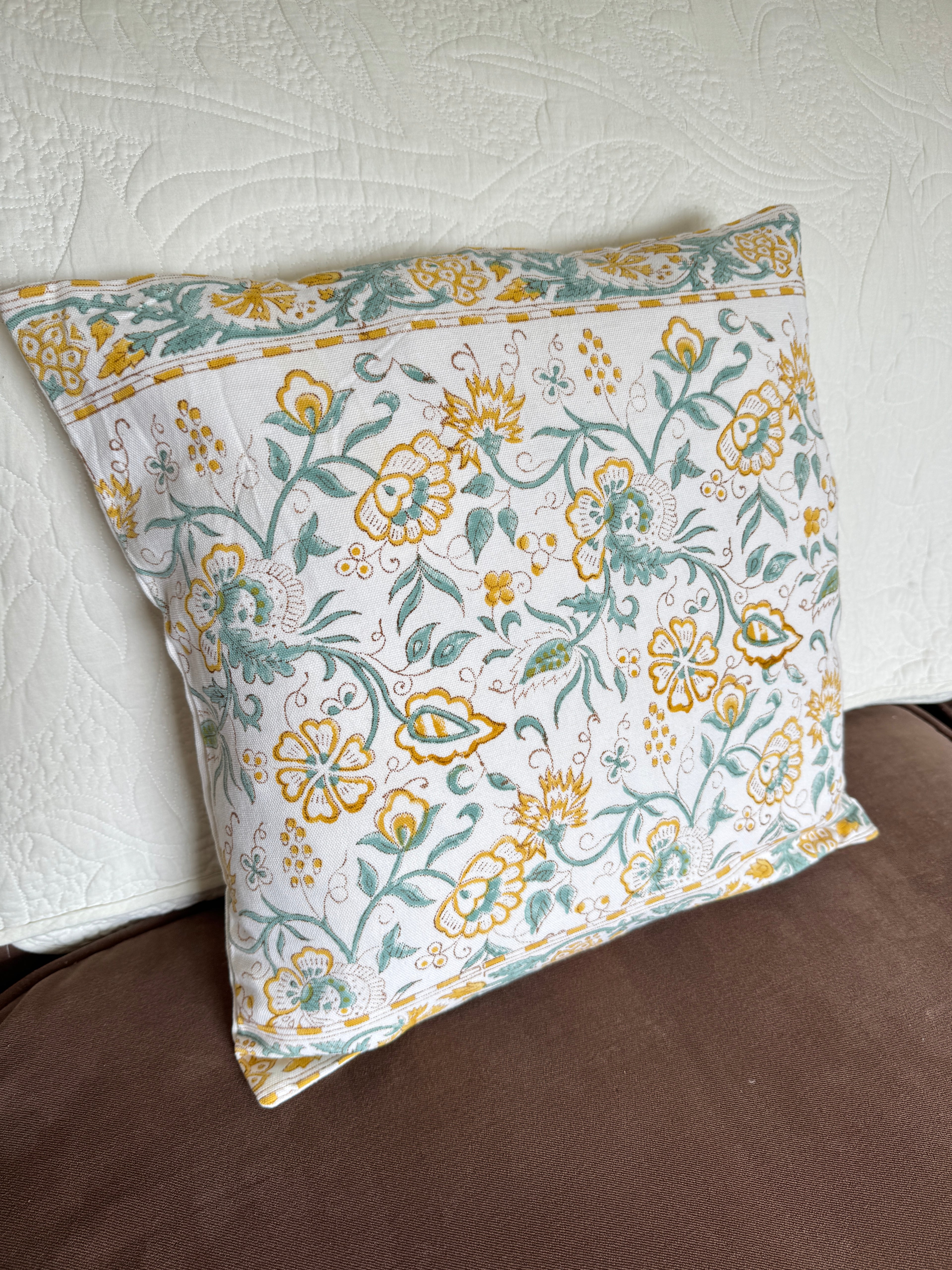 Mustard & Green Floral Block Printed Cushion Cover