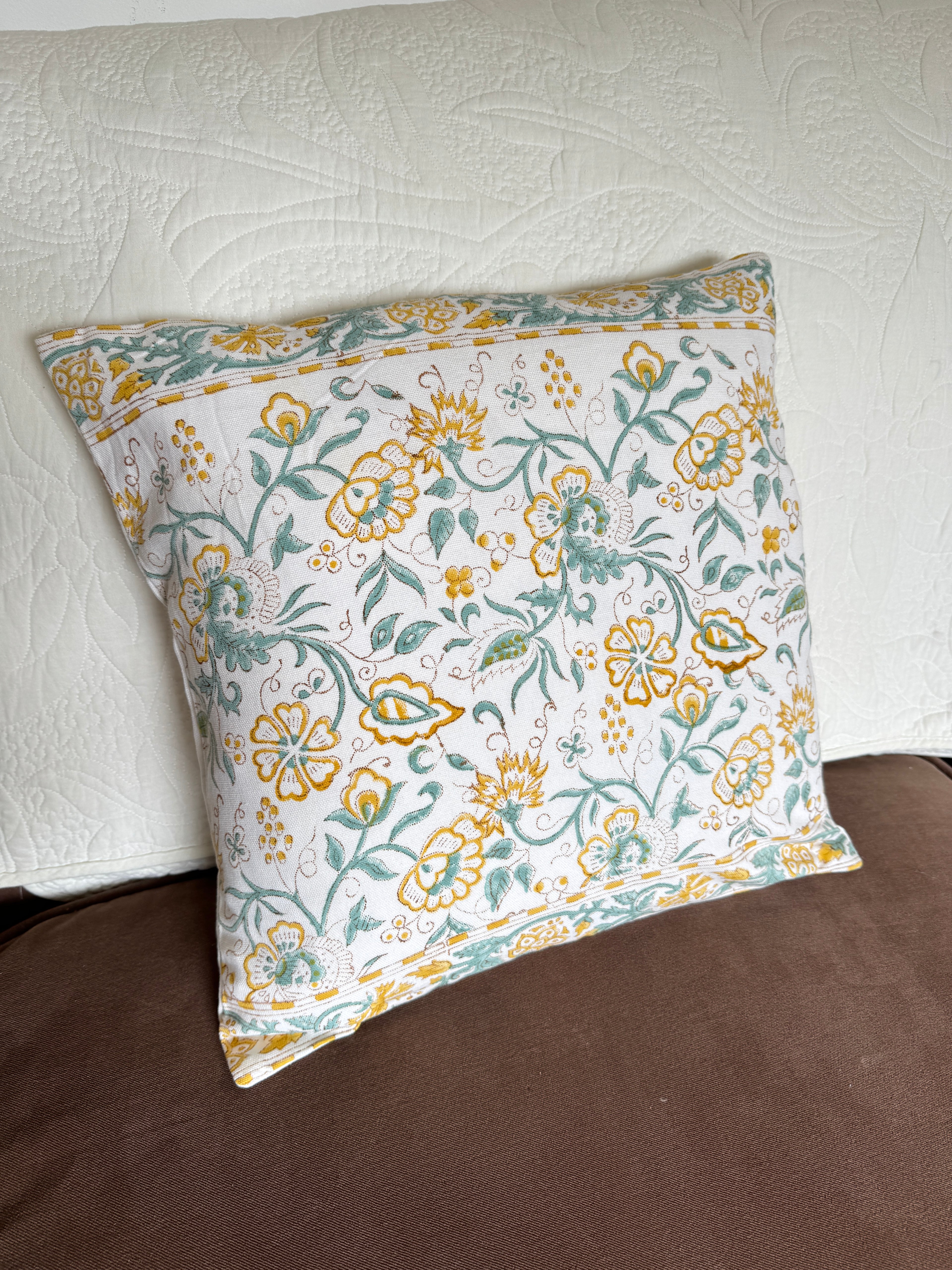 Mustard & Green Floral Block Printed Cushion Cover