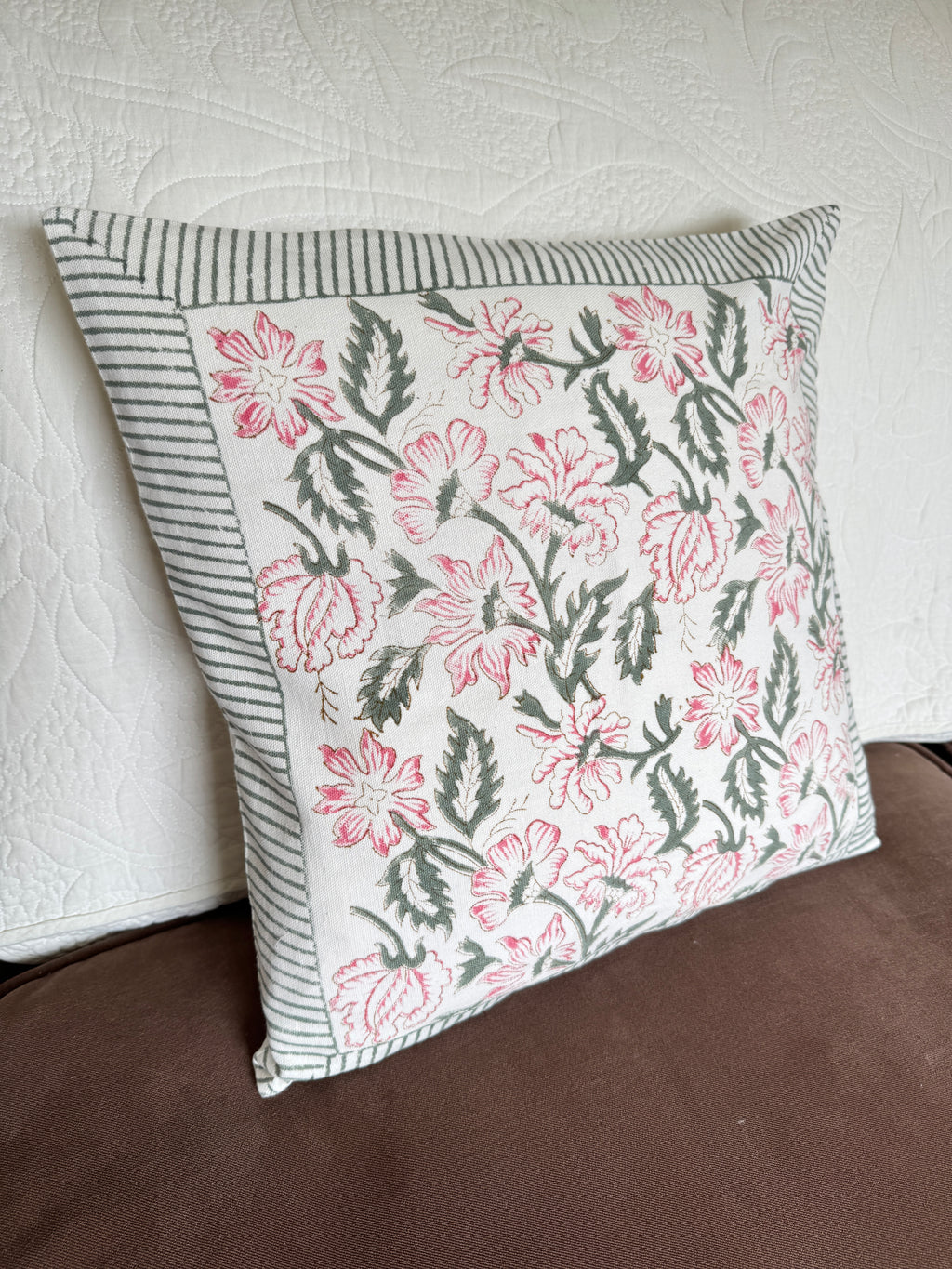 Pink Floral Block Printed Cushion Cover