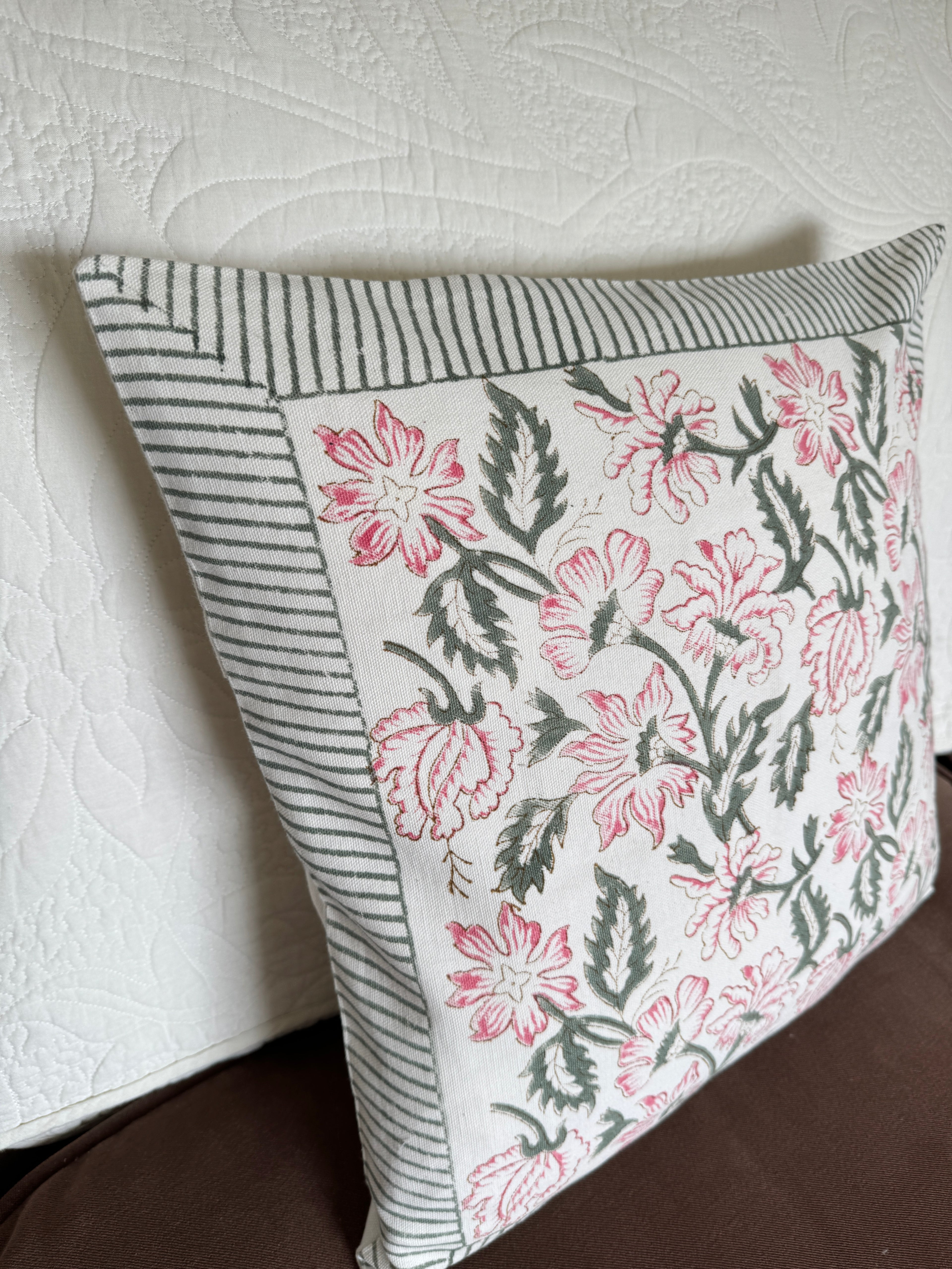 Pink Floral Block Printed Cushion Cover