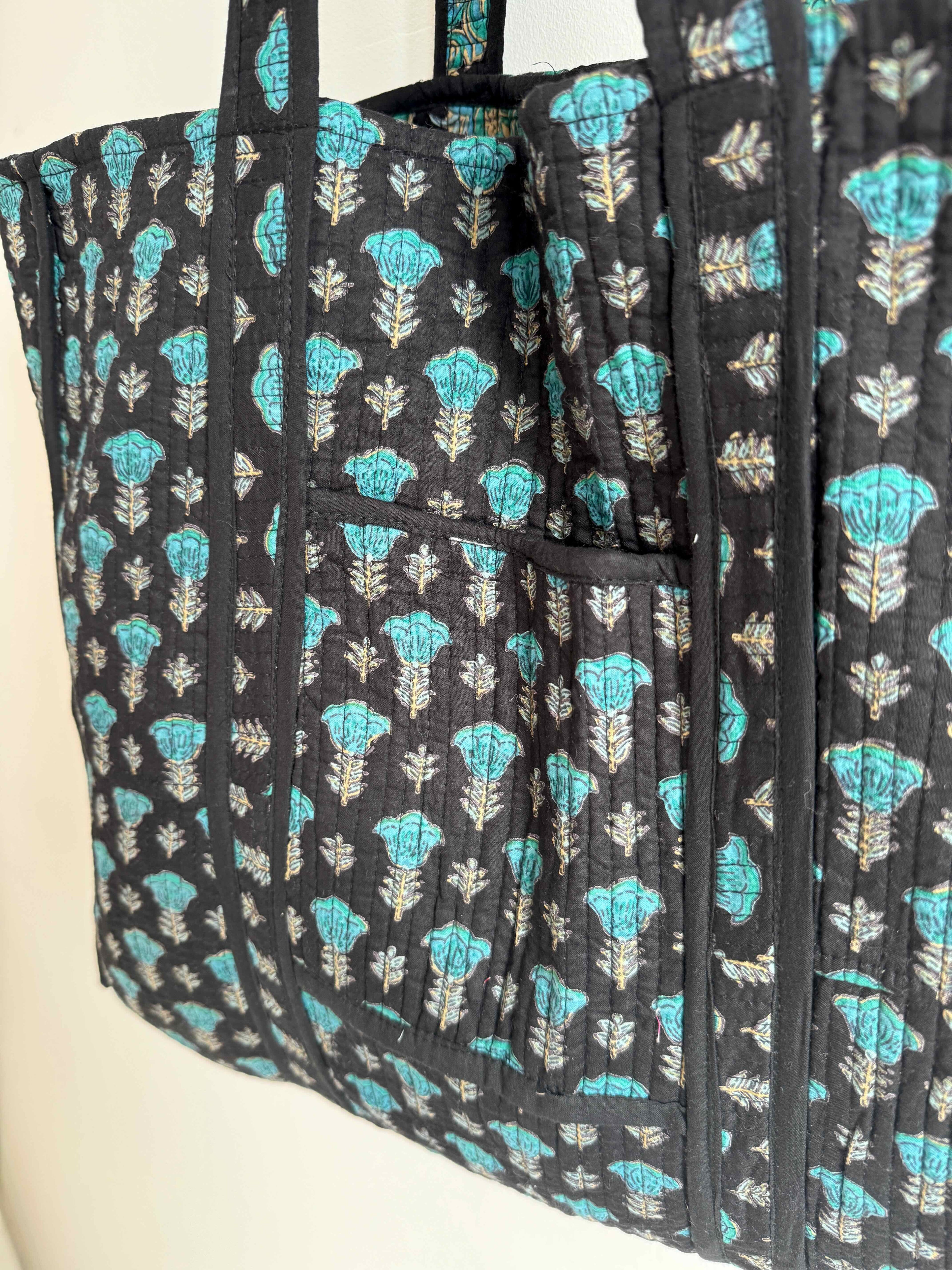 Midnight Lotus Quilted Tote Bag