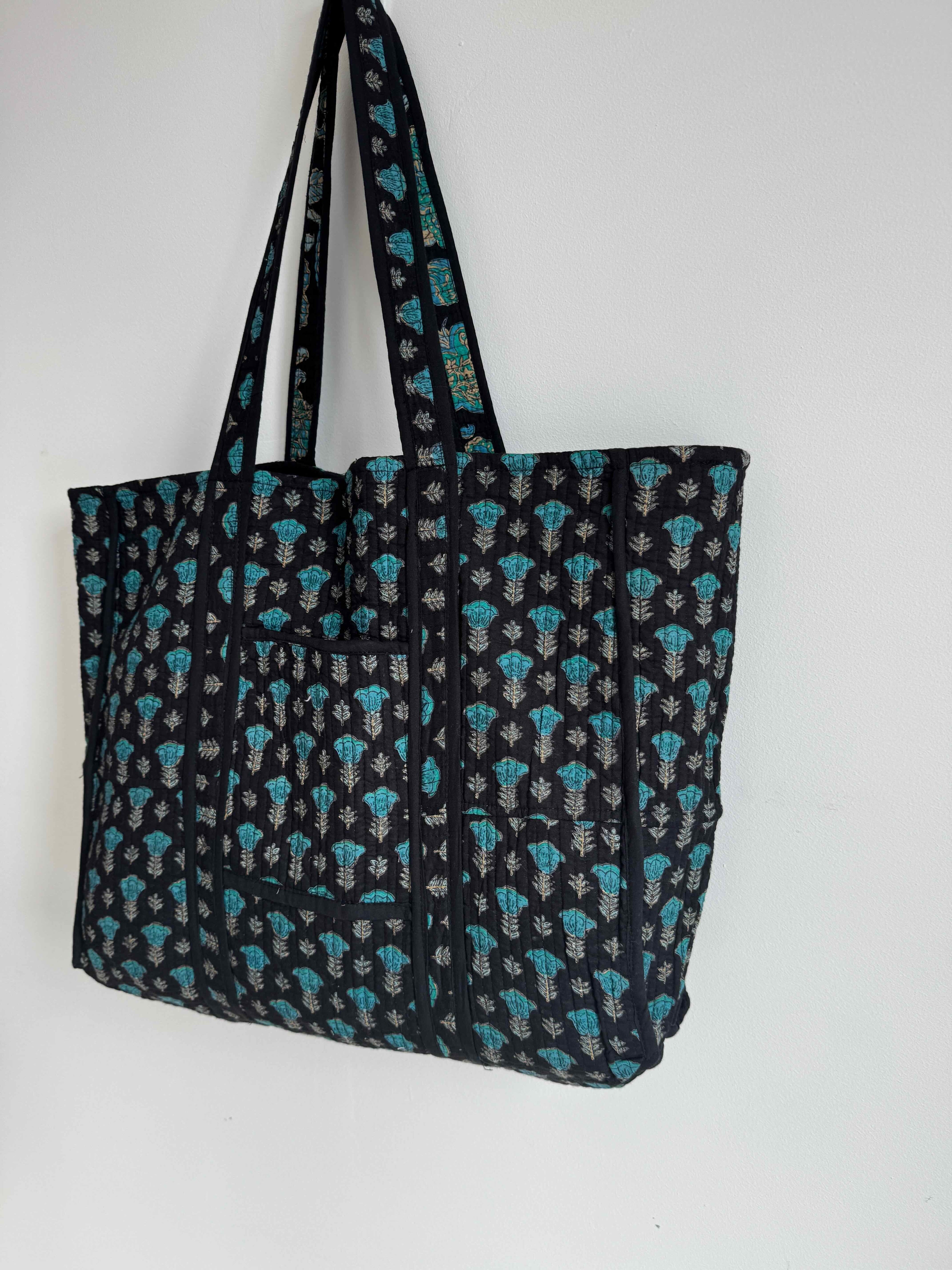 Midnight Lotus Quilted Tote Bag