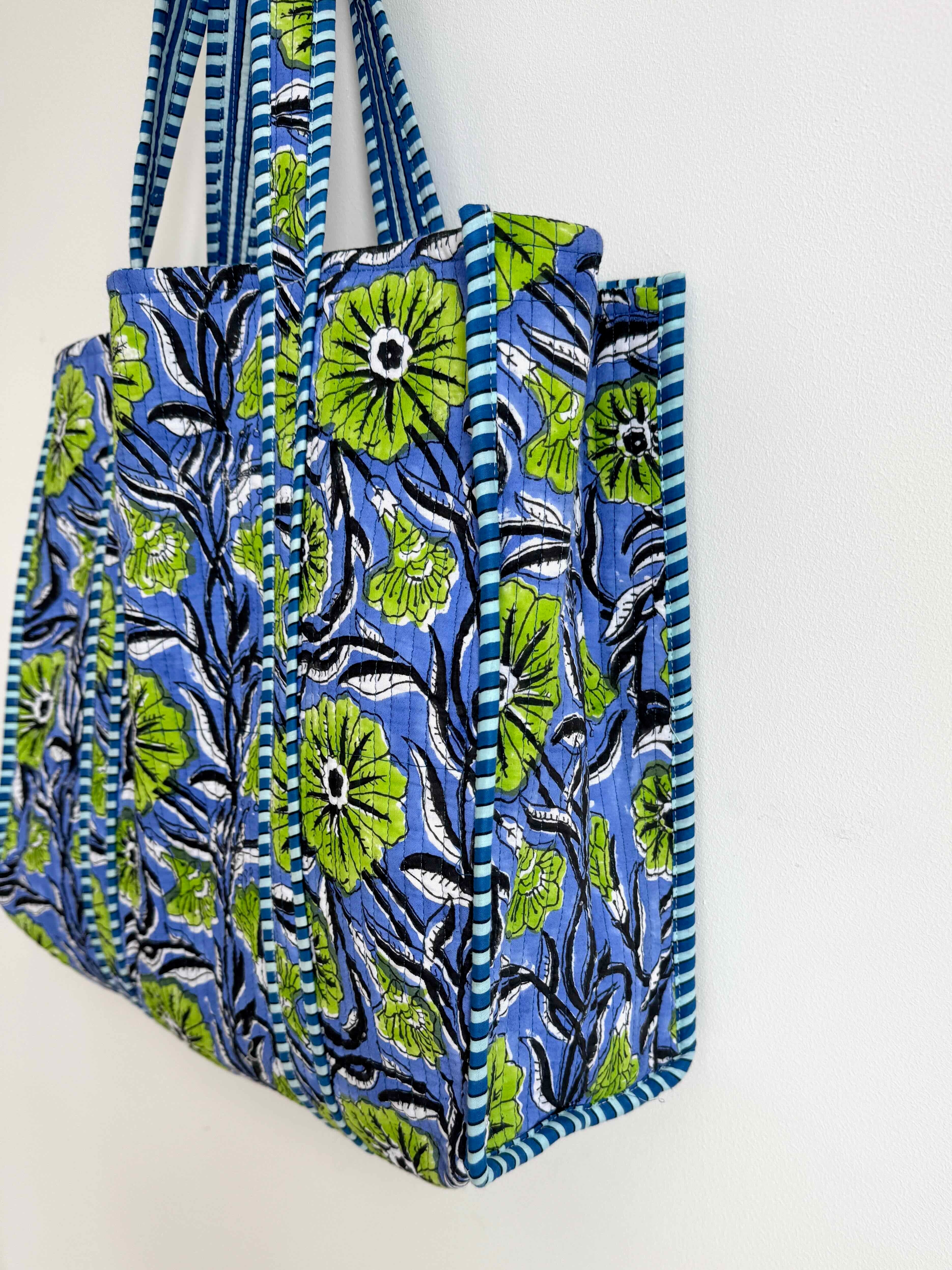 Blue and green floral quilted tote bag with block print, handmade in Jaipur.
